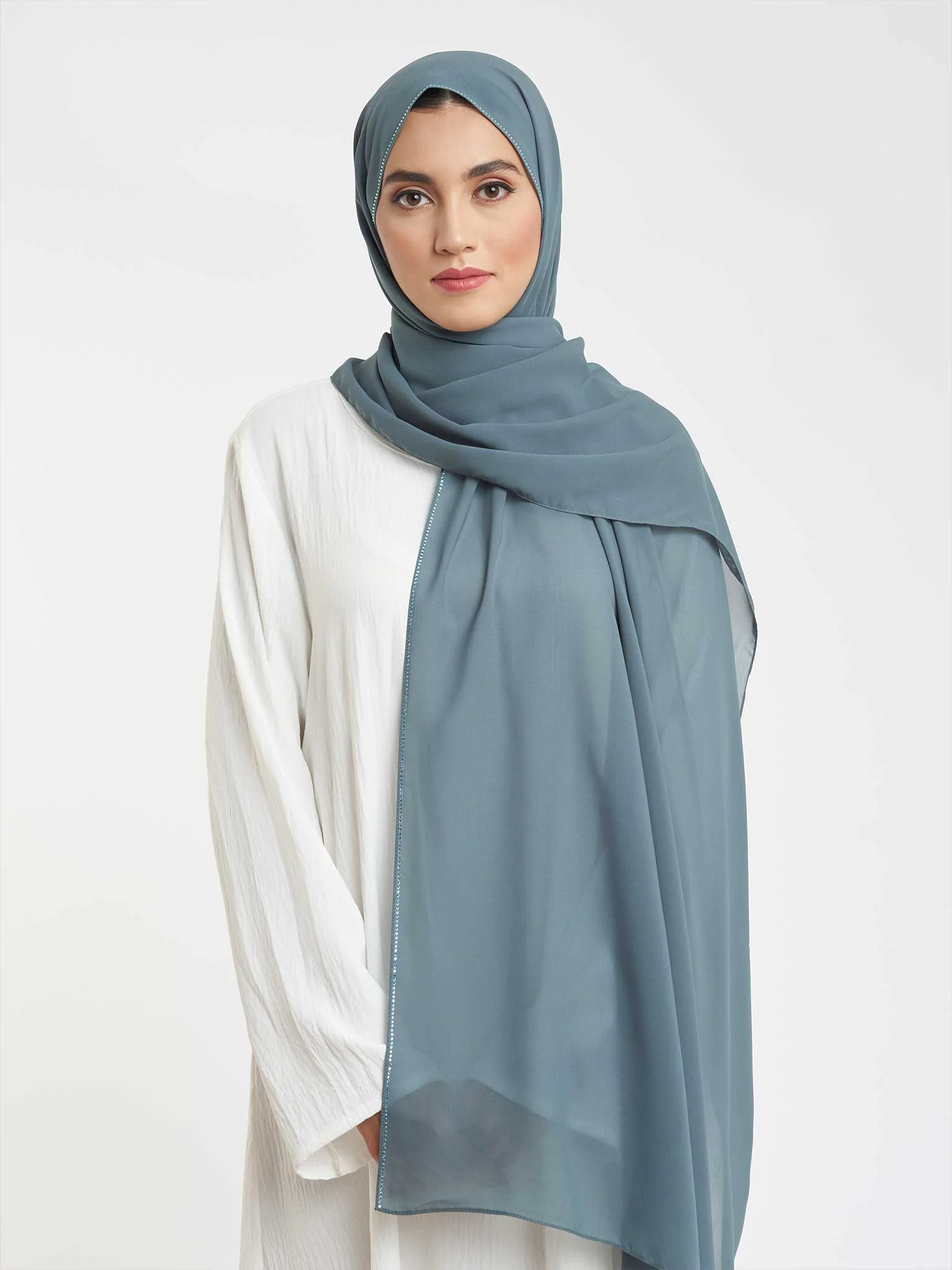 Soft Chiffon Scarf with Stone Line Border (KP11351L) - Image 4