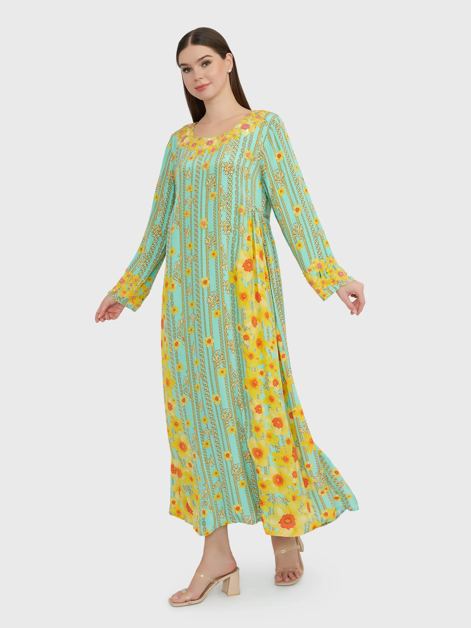 Mint Green Floral and Chain Digital Print Jalabiya (VDE340) - Image 3