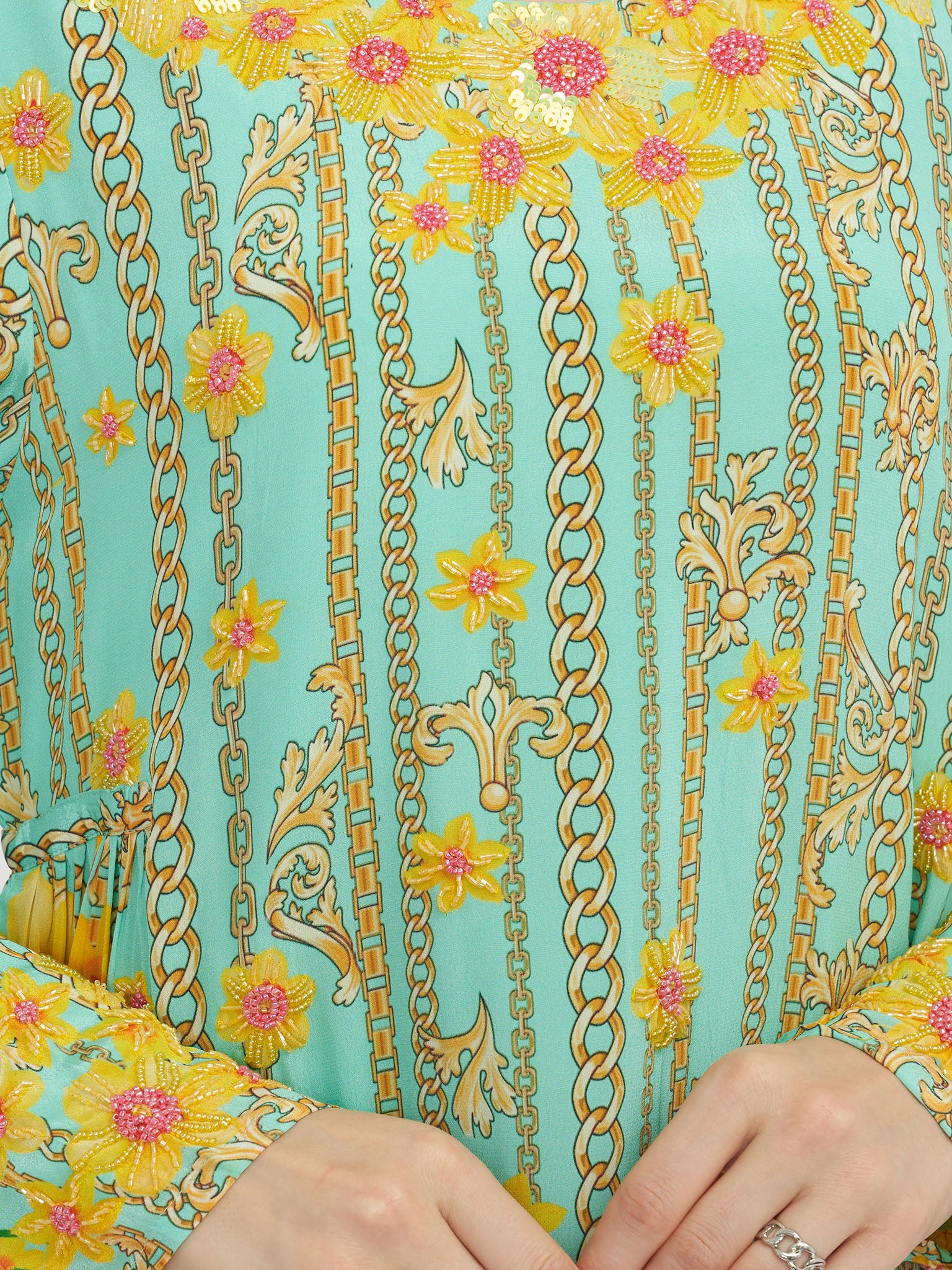 Mint Green Floral and Chain Digital Print Jalabiya (VDE340) - Image 5