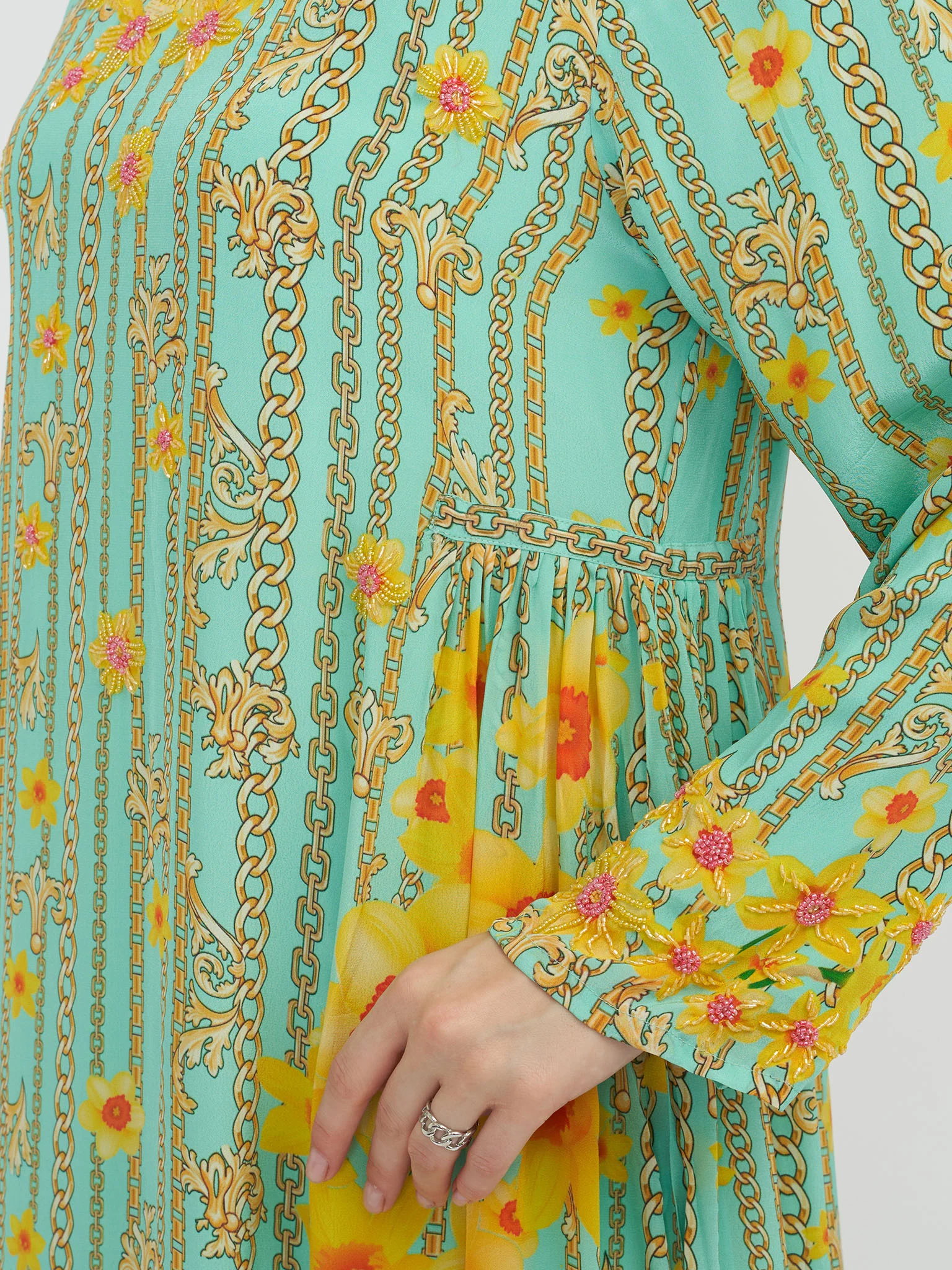 Mint Green Floral and Chain Digital Print Jalabiya (VDE340) - Image 6