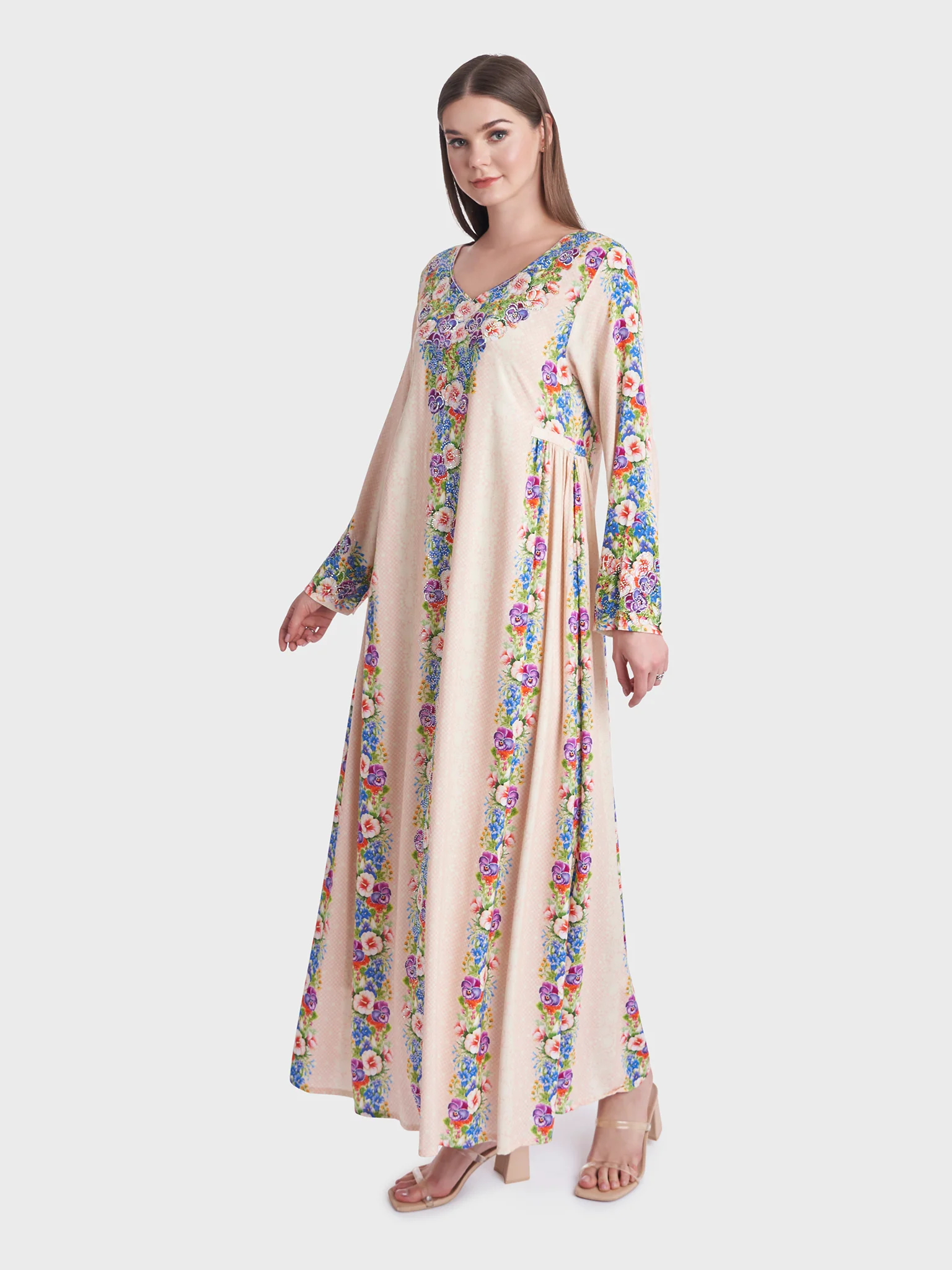 Mesh and Floral Print Rayon Kuwaiti Jalabiya (VDE345) - Image 3