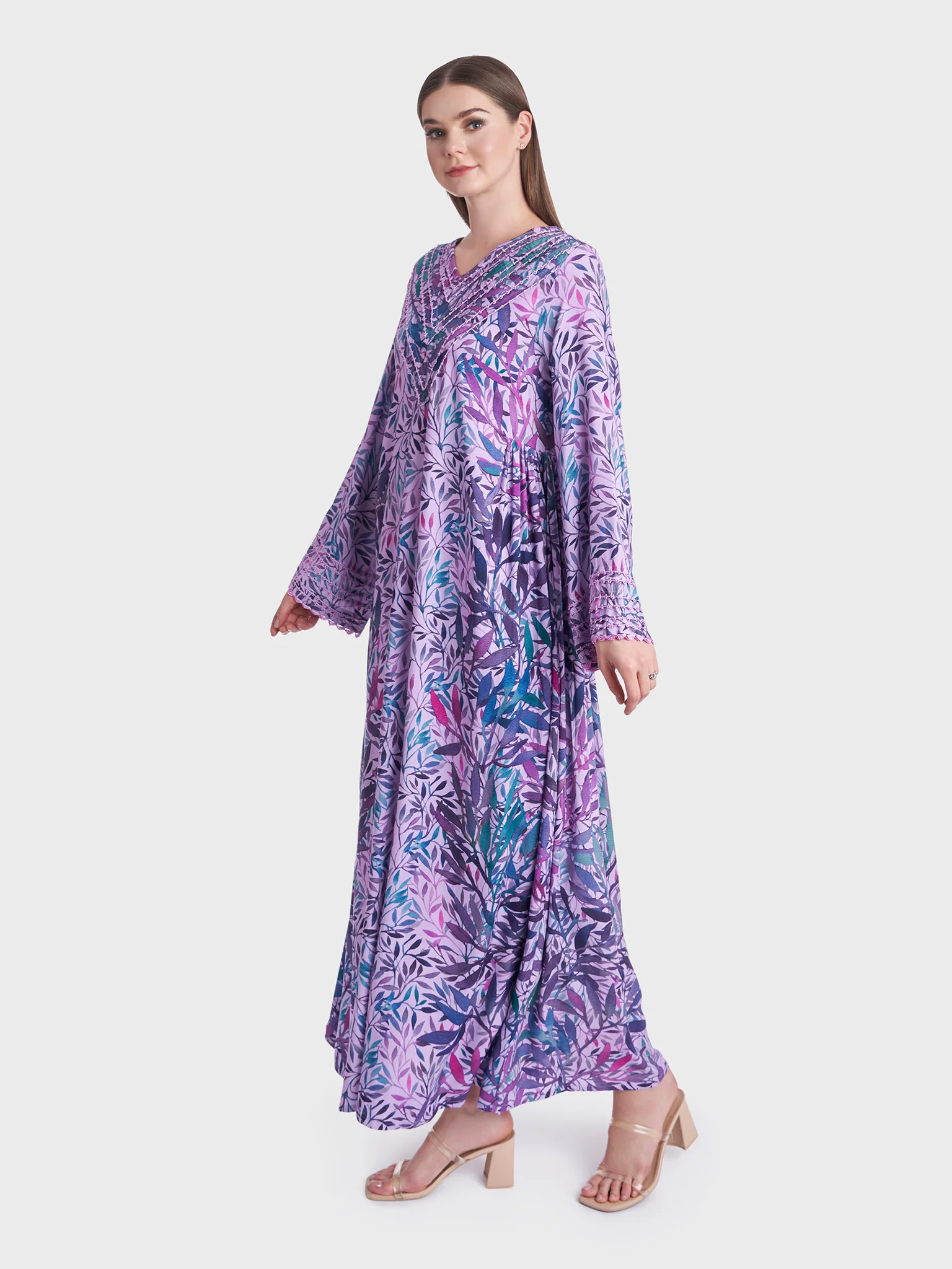 Leaves Print Rayon Crochet Work Kuwaiti Jalabiya (VG2726) - Image 3