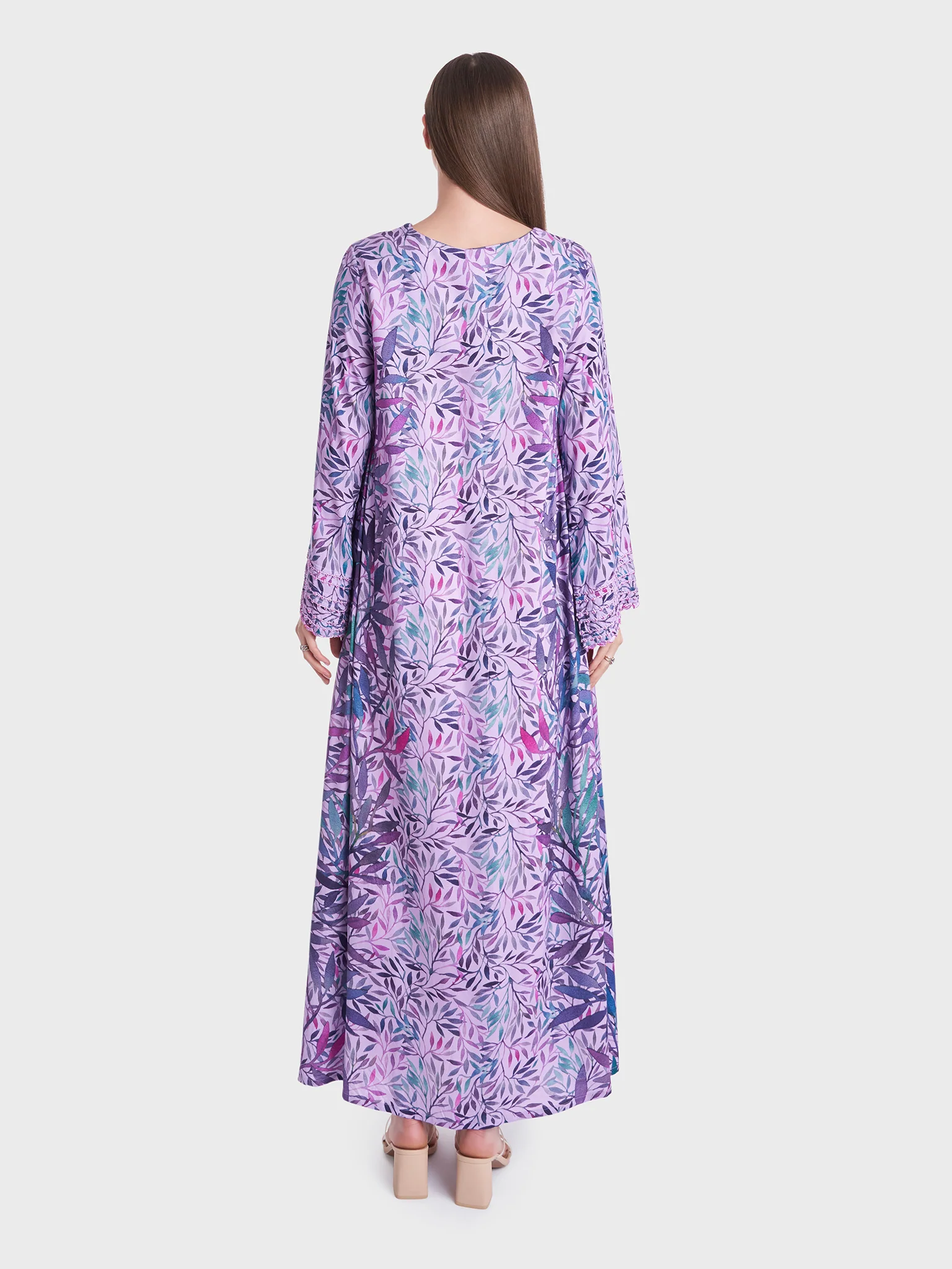 Leaves Print Rayon Crochet Work Kuwaiti Jalabiya (VG2726) - Image 4