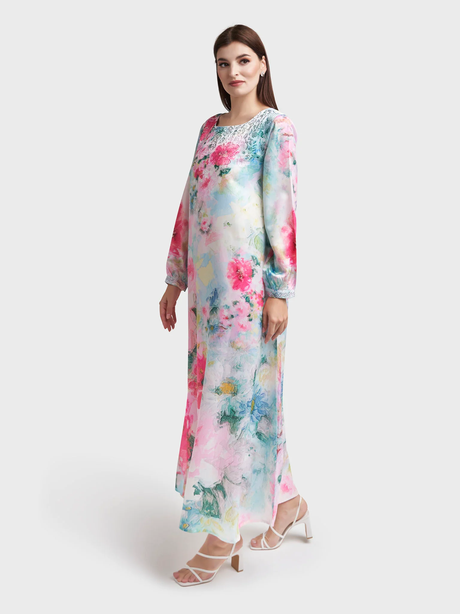 Pink Satin Floral Print Stonework Dress (VDM603) - Image 3