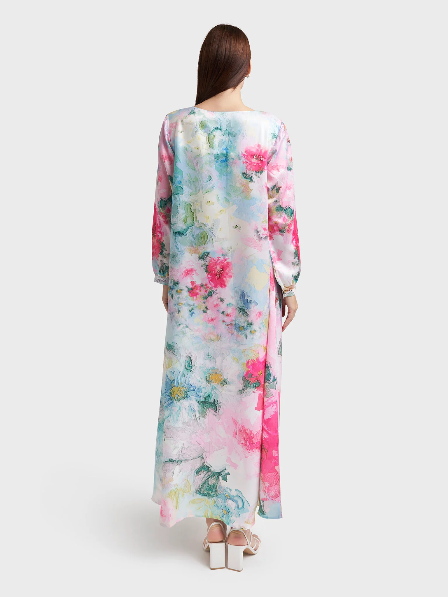 Pink Satin Floral Print Stonework Dress (VDM603) - Image 4