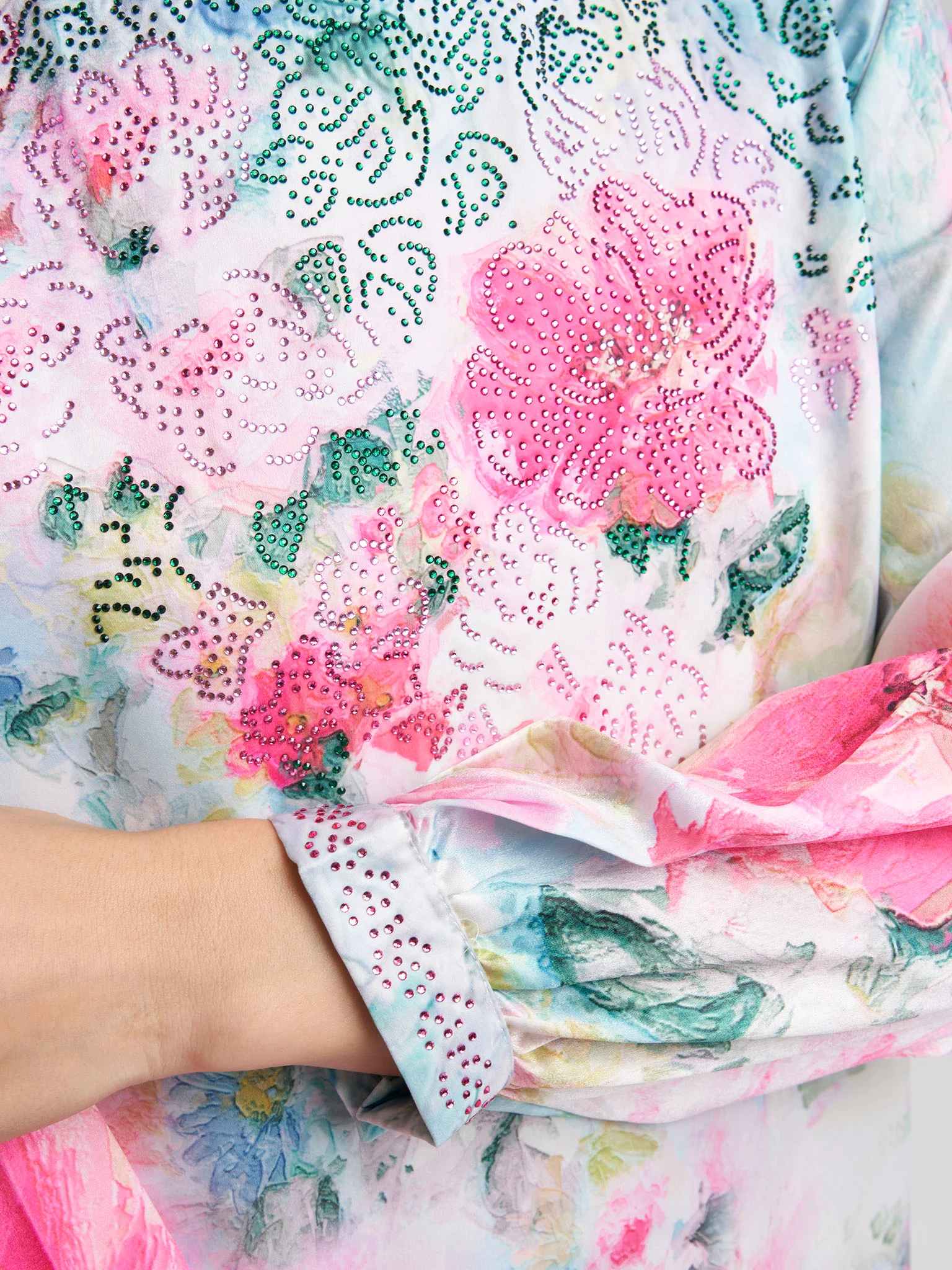 Pink Satin Floral Print Stonework Dress (VDM603) - Image 5