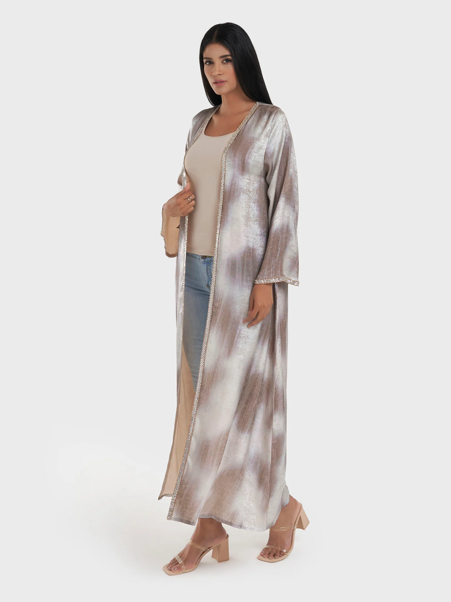 Beige Abstract Print Kimono with Stone Lace Border (AM554) - Image 3
