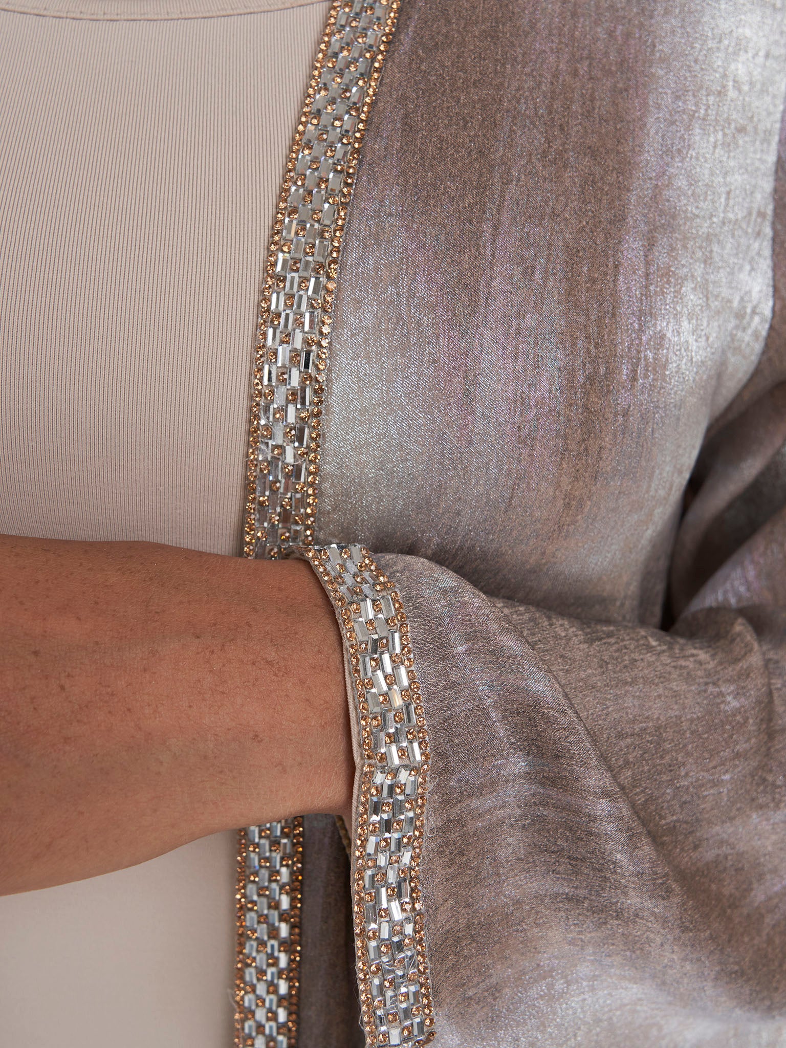 Beige Abstract Print Kimono with Stone Lace Border (AM554) - Image 5