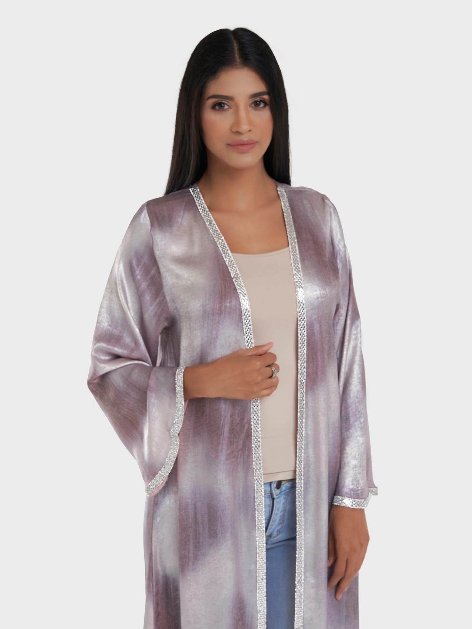 Beige Abstract Print Kimono with Stone Lace Border (AM554) - Image 6