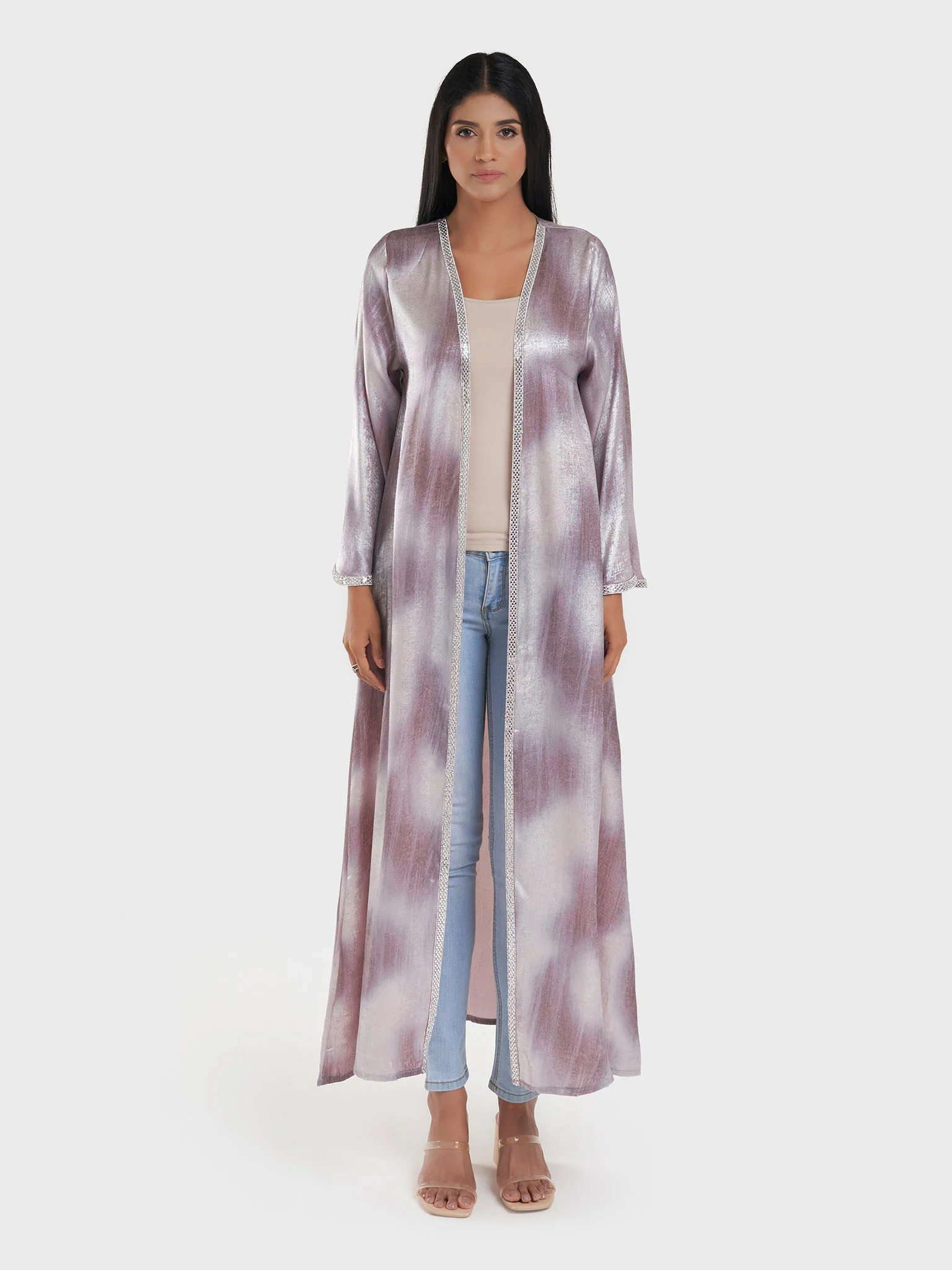 Beige Abstract Print Kimono with Stone Lace Border (AM554) - Image 7