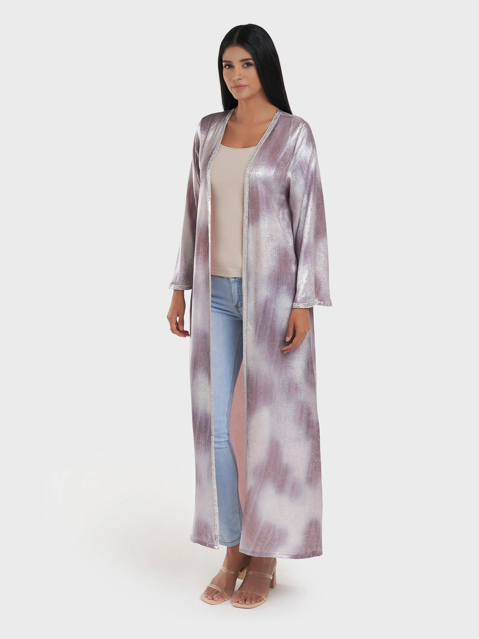 Beige Abstract Print Kimono with Stone Lace Border (AM554) - Image 8