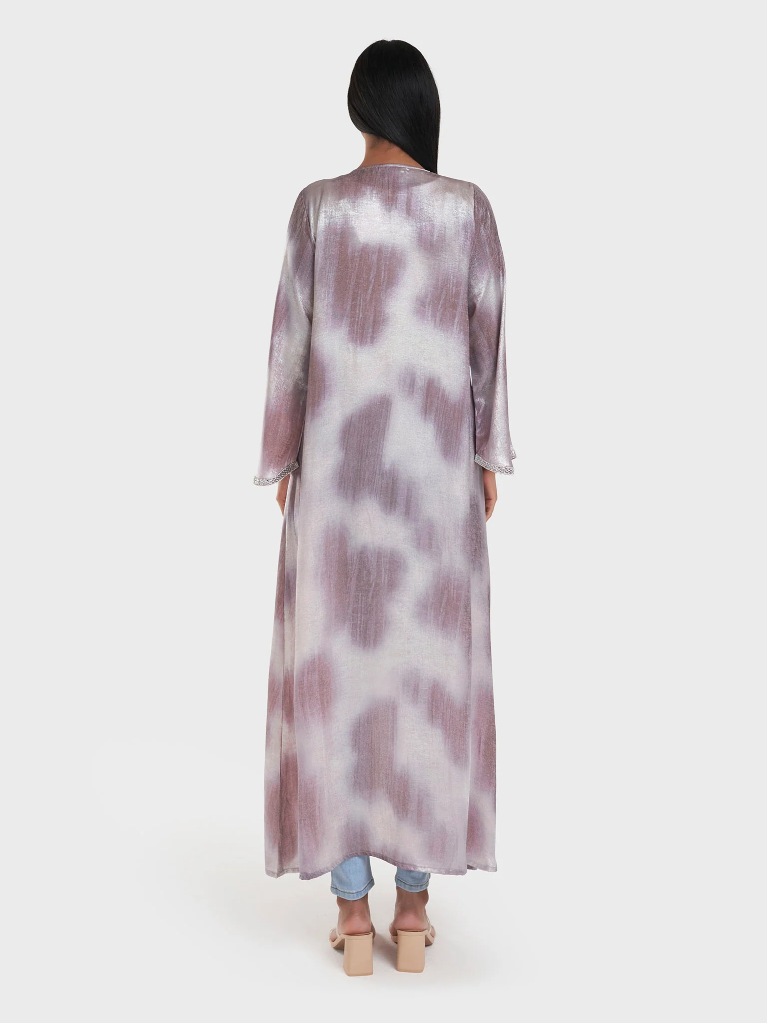 Beige Abstract Print Kimono with Stone Lace Border (AM554) - Image 9