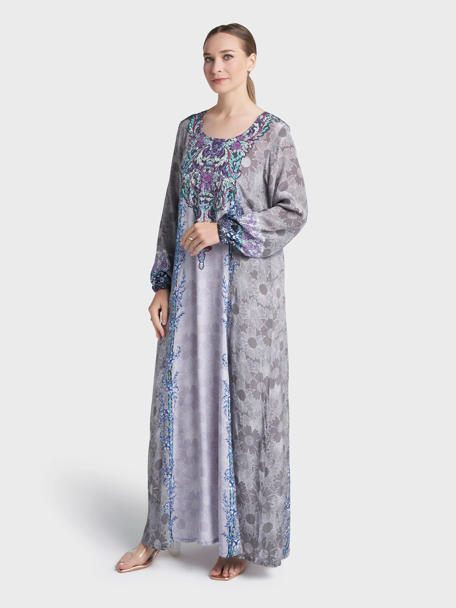 Grey Colour Stone Work Viscose Crepe Floral Printed Jalabiya (VDC133) - Image 3