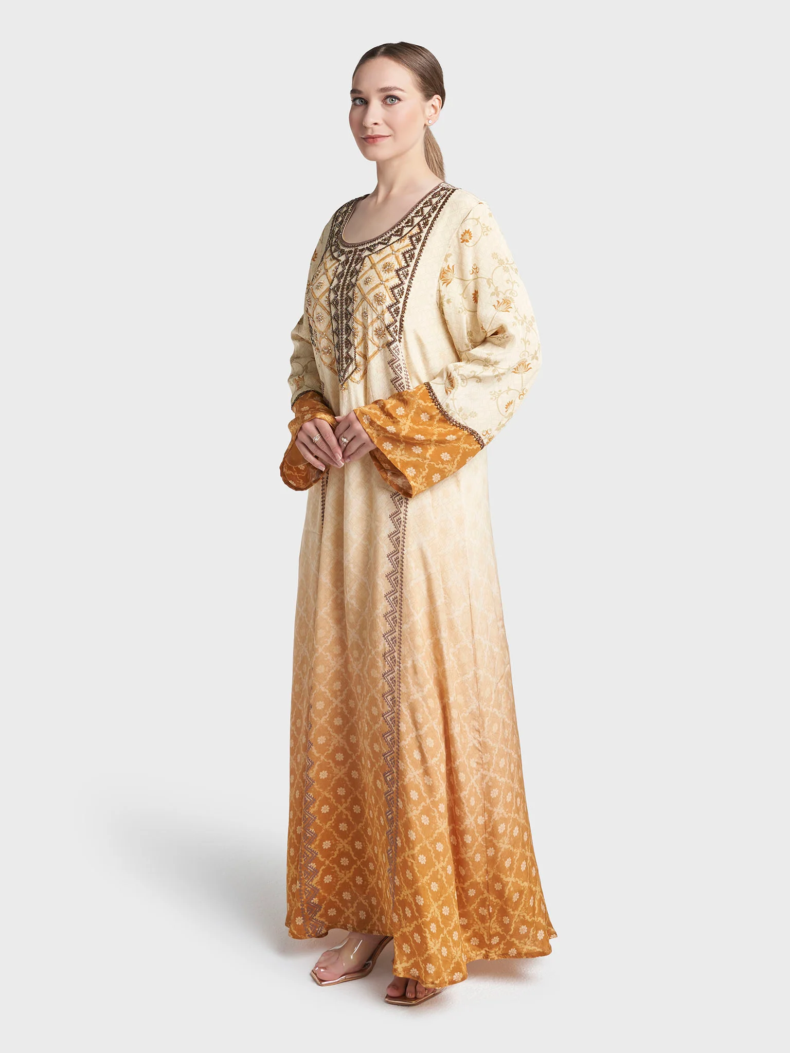 Cream Colour Hand Work Viscose Crepe Digital Print Jalabiya (VDM940) - Image 3