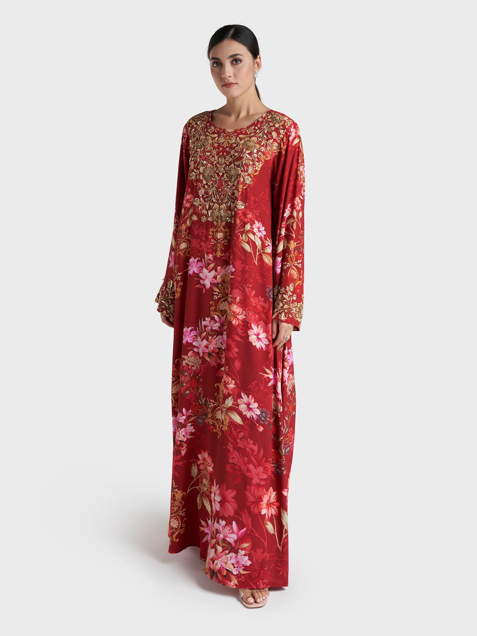 Red Colour Floral Printed Viscose Hand Work Jalabiya (VDT05) - Image 3