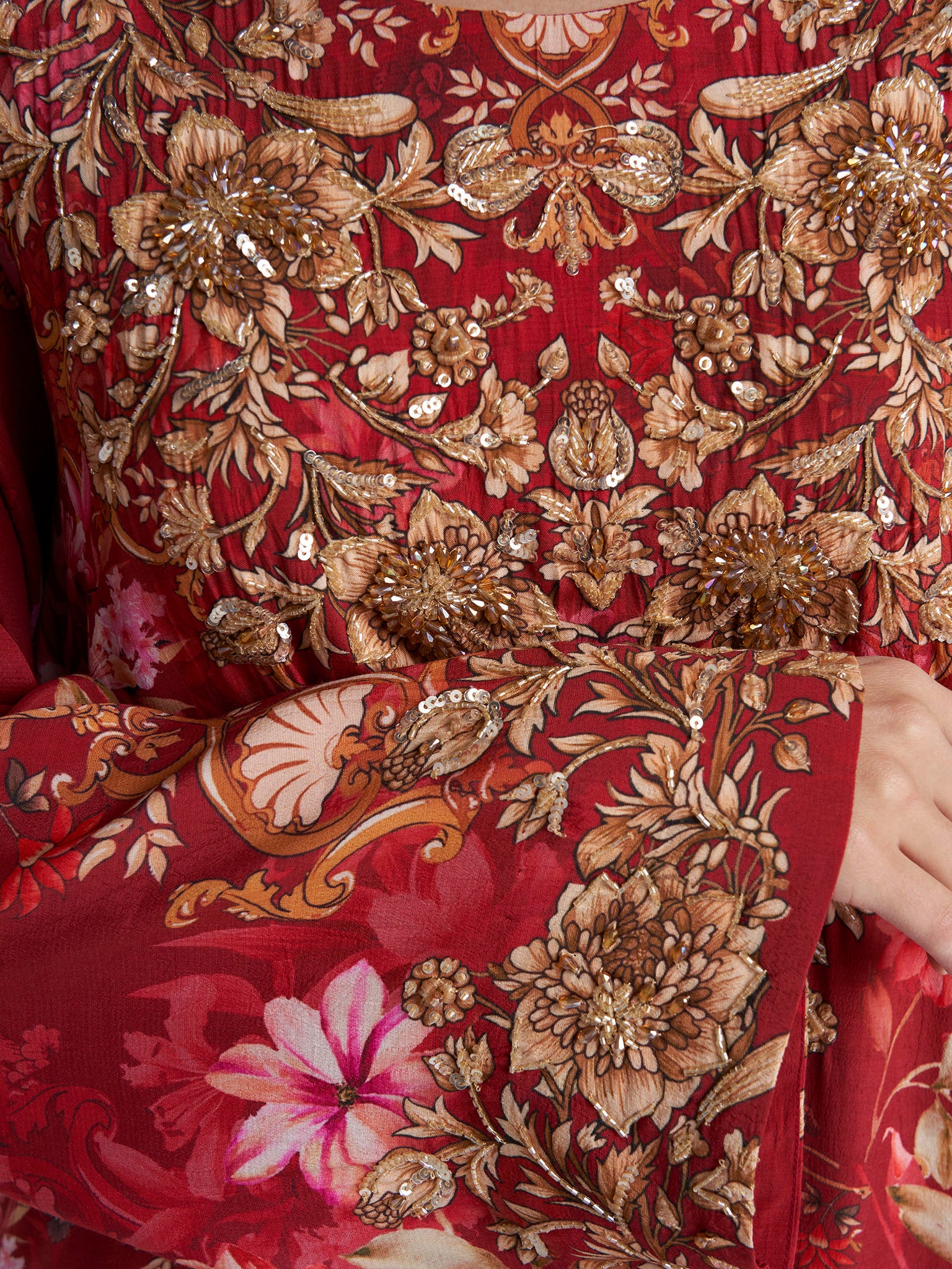 Red Colour Floral Printed Viscose Hand Work Jalabiya (VDT05) - Image 5