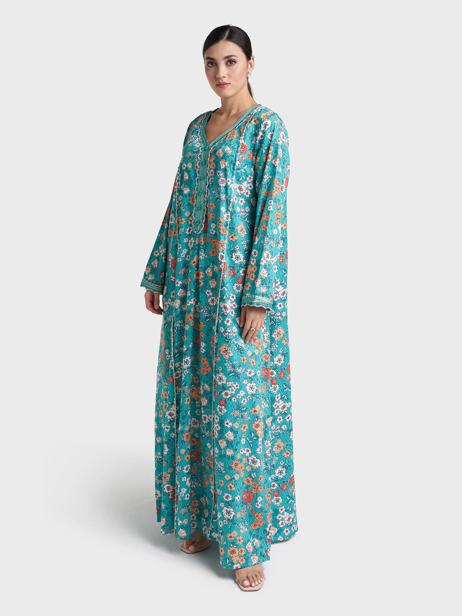 Floral Print Crochet Lace Work Cotton Jalabiya (VG2984) - Image 3