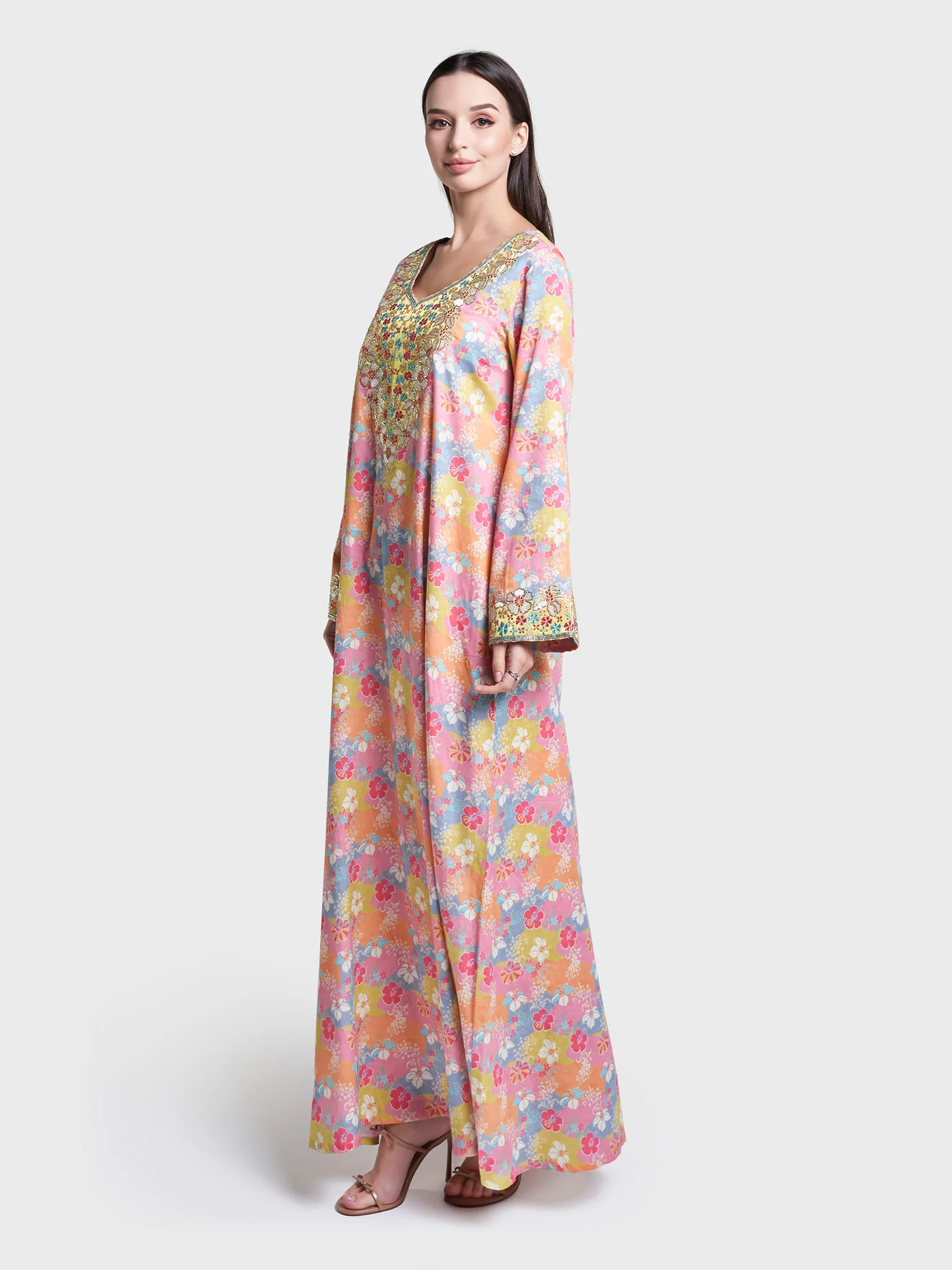 Floral Print Cotton Satin Stone Work Jalabiya (VG3064) - Image 3