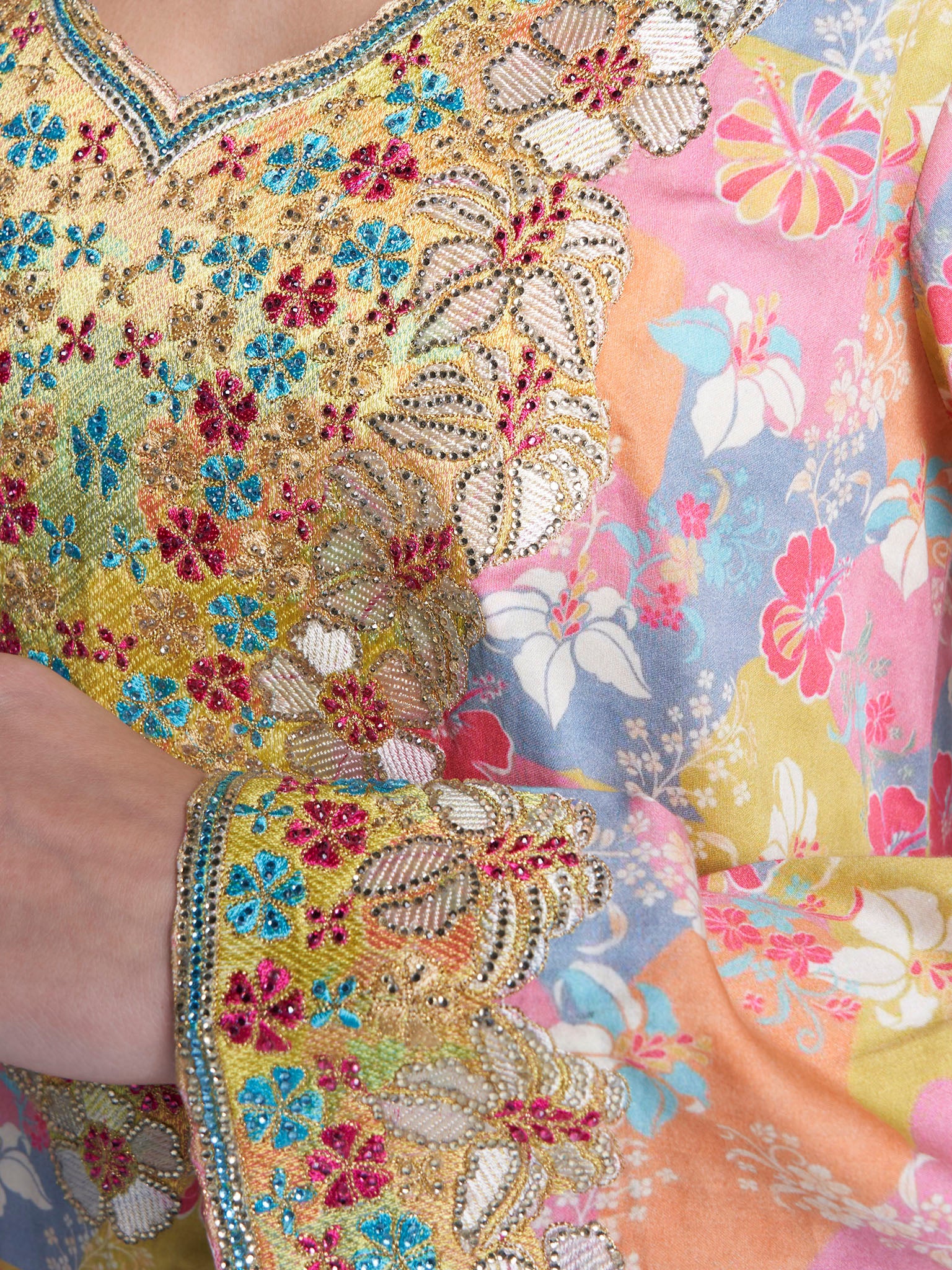 Floral Print Cotton Satin Stone Work Jalabiya (VG3064) - Image 5