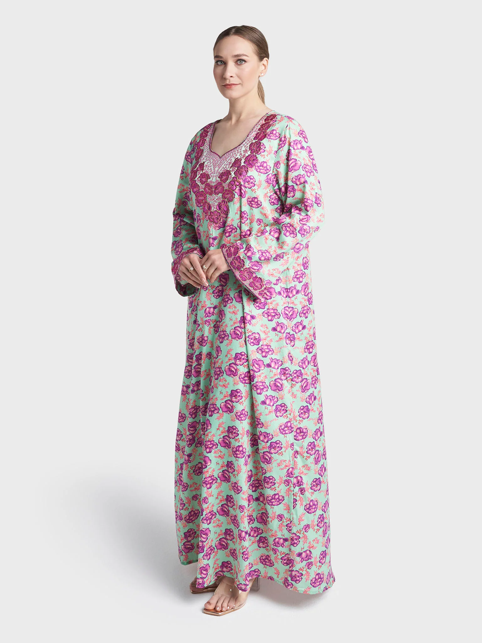 Mint Green Colour Stone Work Cotton Satin Floral Printed Jalabiya (VG3119) - Image 3