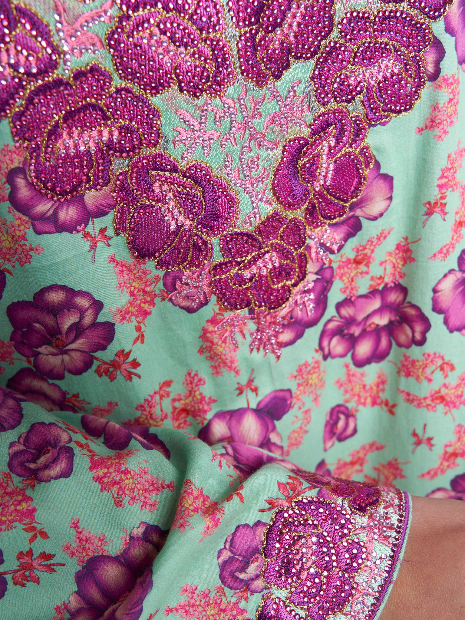 Mint Green Colour Stone Work Cotton Satin Floral Printed Jalabiya (VG3119) - Image 5