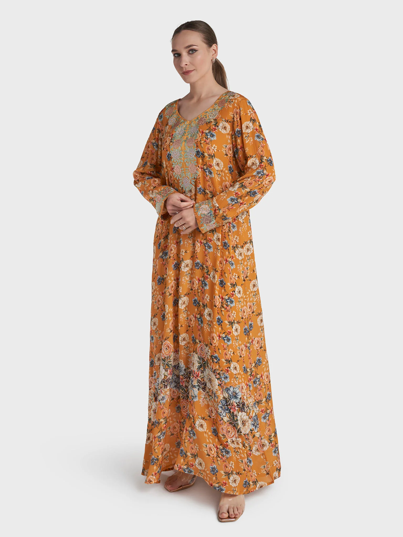 Dark Orange Colour Stone Work Viscose Crepe Floral Printed Jalabiya (VG3125) - Image 3