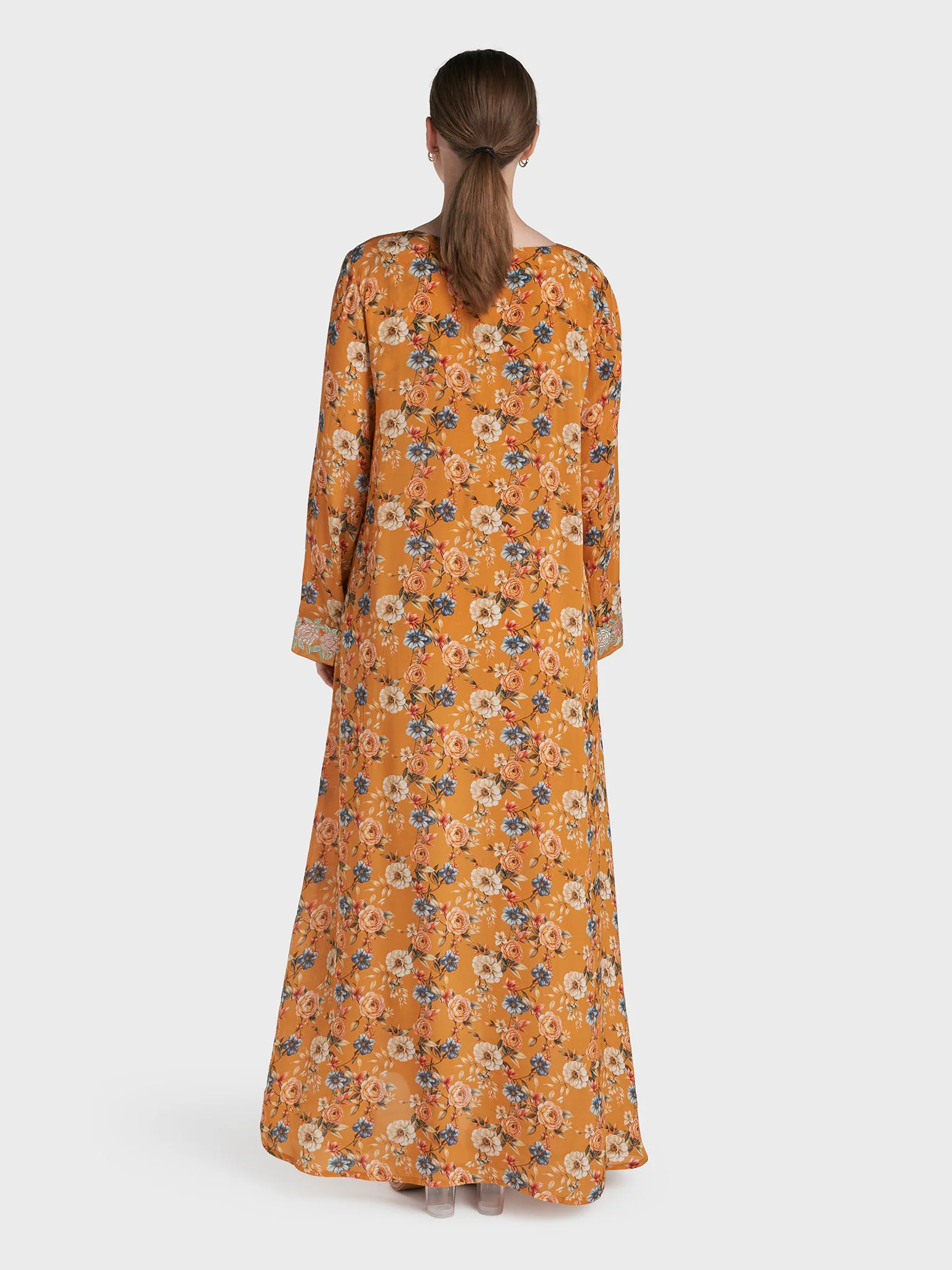 Dark Orange Colour Stone Work Viscose Crepe Floral Printed Jalabiya (VG3125) - Image 4