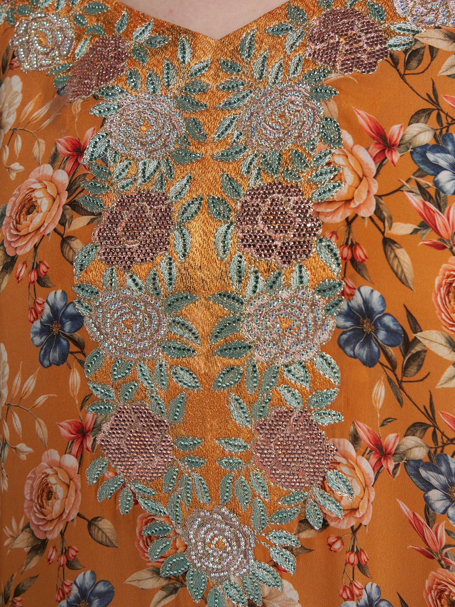 Dark Orange Colour Stone Work Viscose Crepe Floral Printed Jalabiya (VG3125) - Image 5