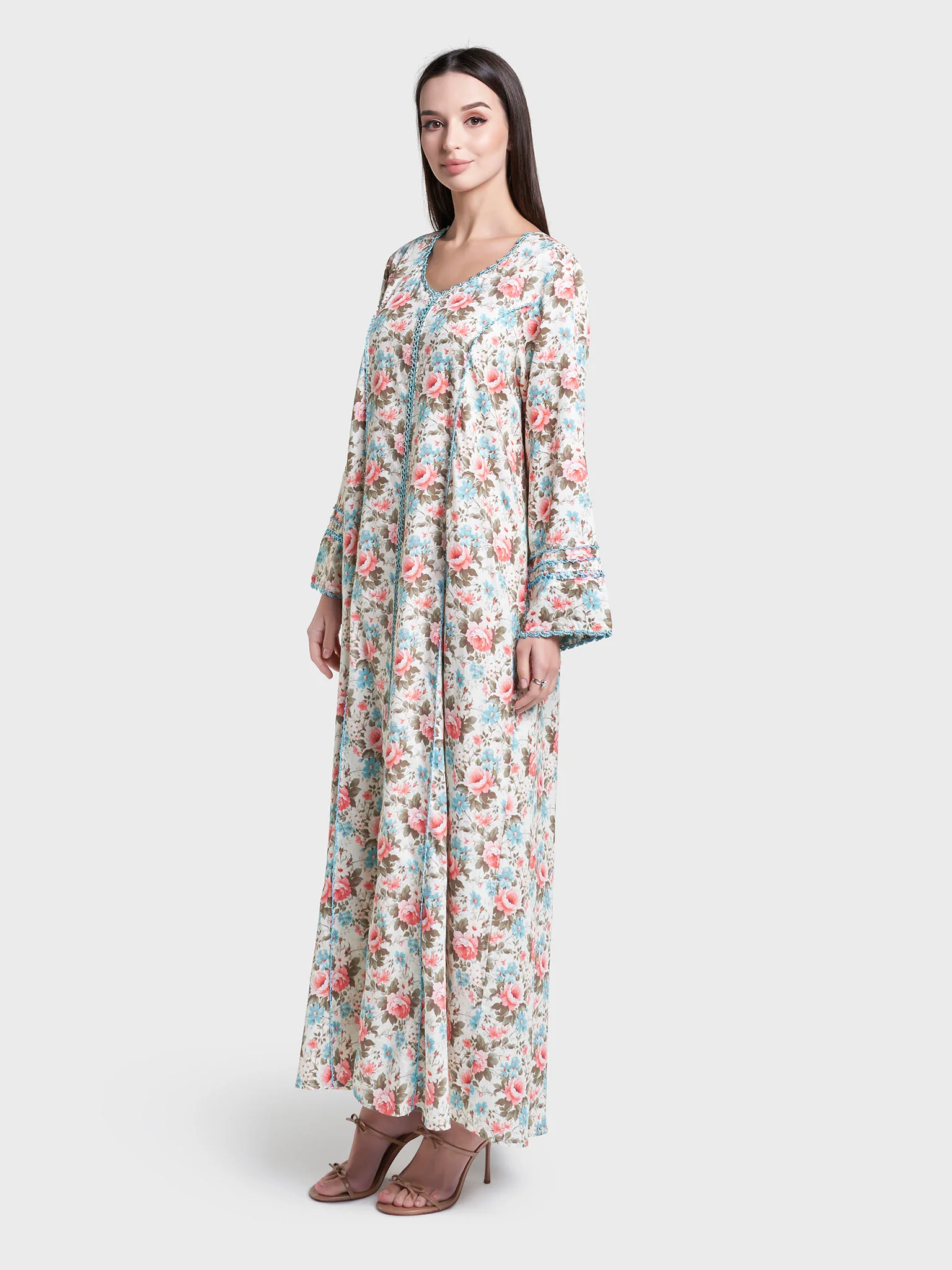 Multi Floral Print Crochet Cotton Satin Jalabiya (VG3193) - Image 3