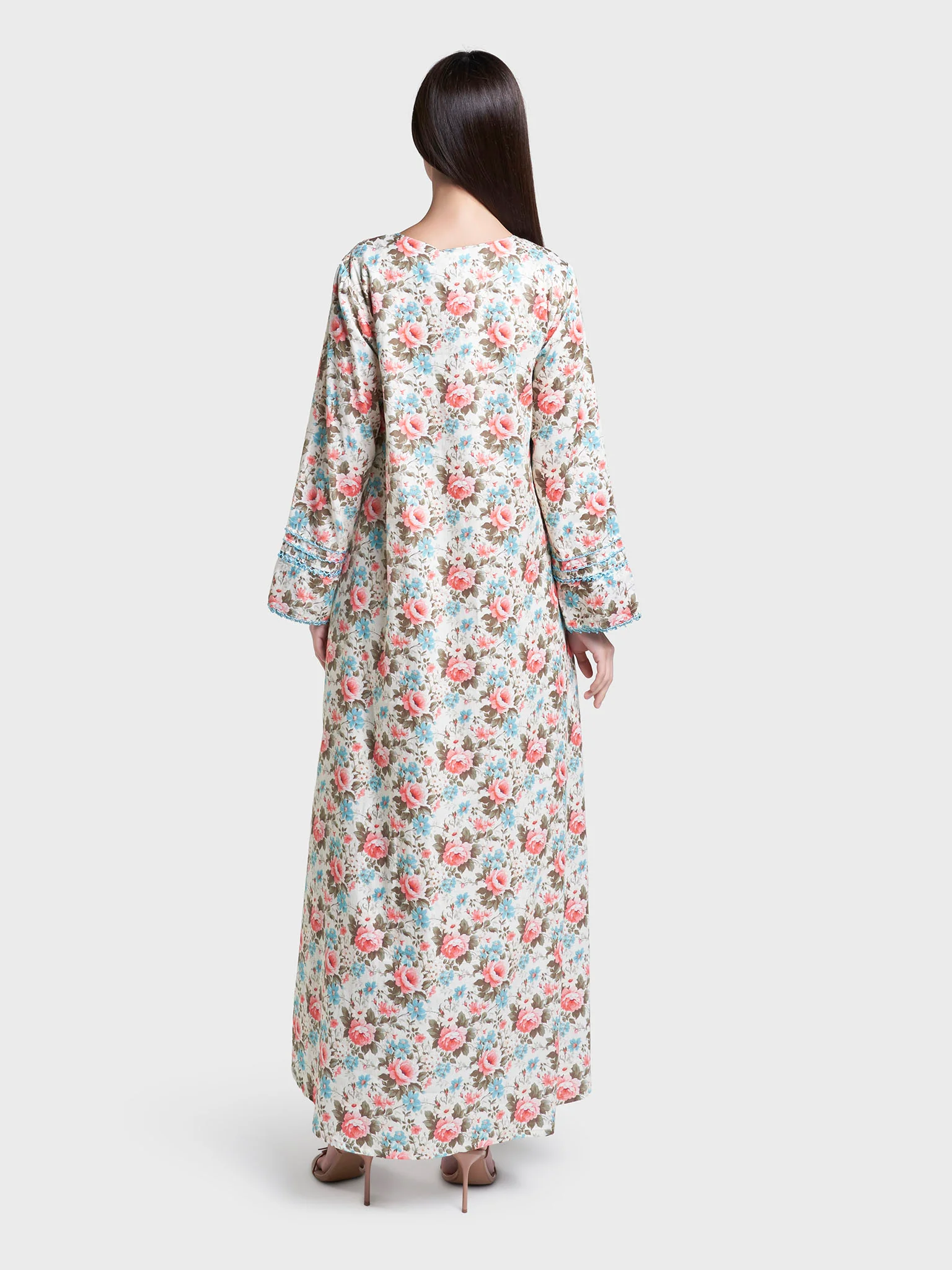 Multi Floral Print Crochet Cotton Satin Jalabiya (VG3193) - Image 4