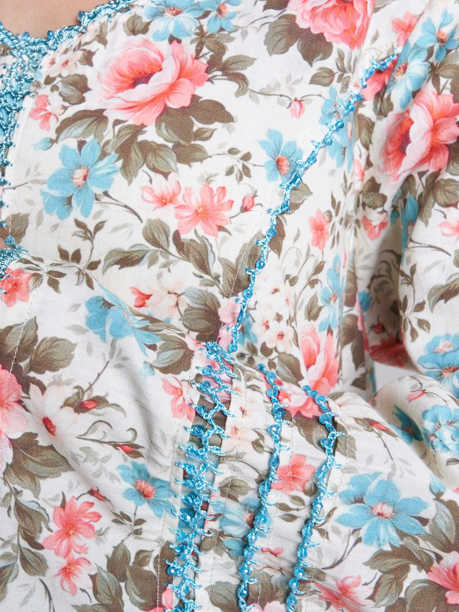 Multi Floral Print Crochet Cotton Satin Jalabiya (VG3193) - Image 5