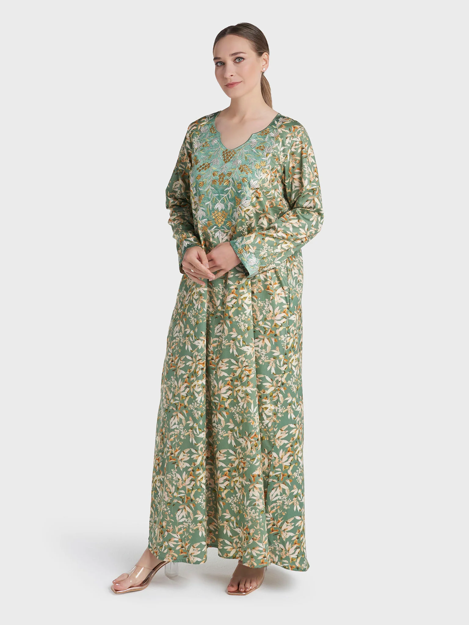 Green Colour Stone Work Cotton Satin Leaf Printed Jalabiya (VG3280) - Image 3