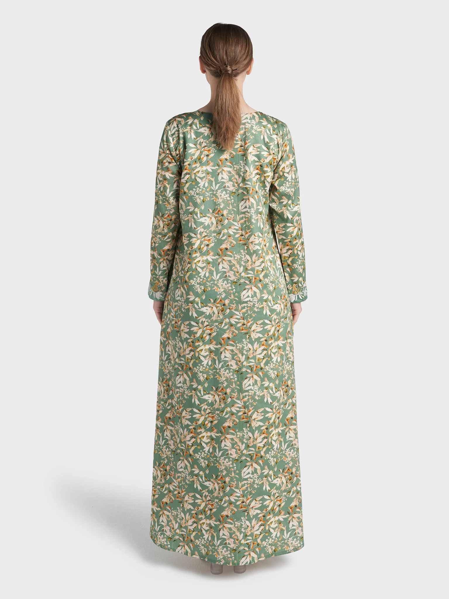 Green Colour Stone Work Cotton Satin Leaf Printed Jalabiya (VG3280) - Image 4