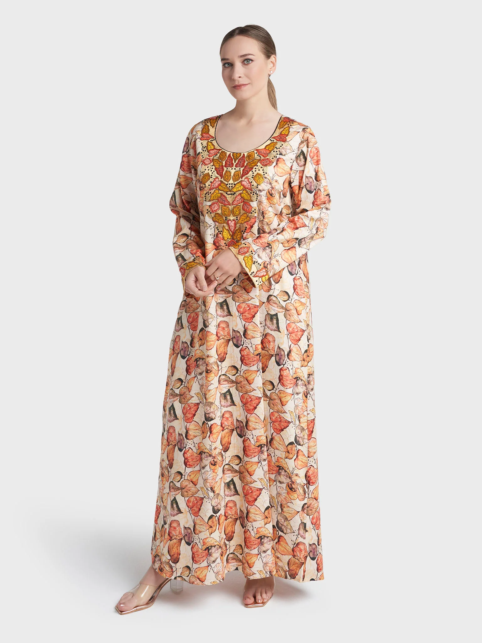 Multi Colour Stone Work Cotton Satin Leaf Printed Jalabiya (VG3282) - Image 3