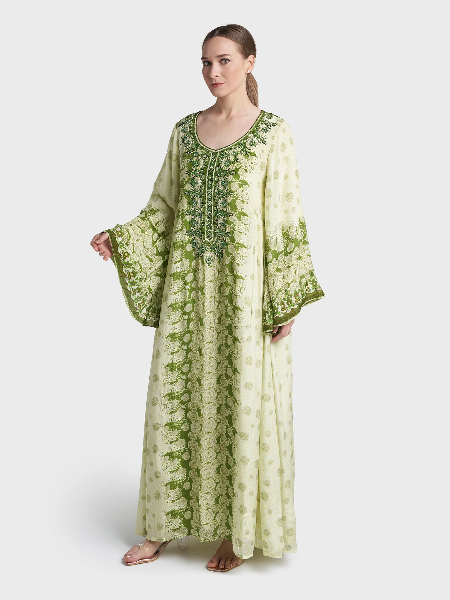 Lime Green Colour Hand Work Viscose Crepe Floral Printed Jalabiya (VDC102) - Image 4