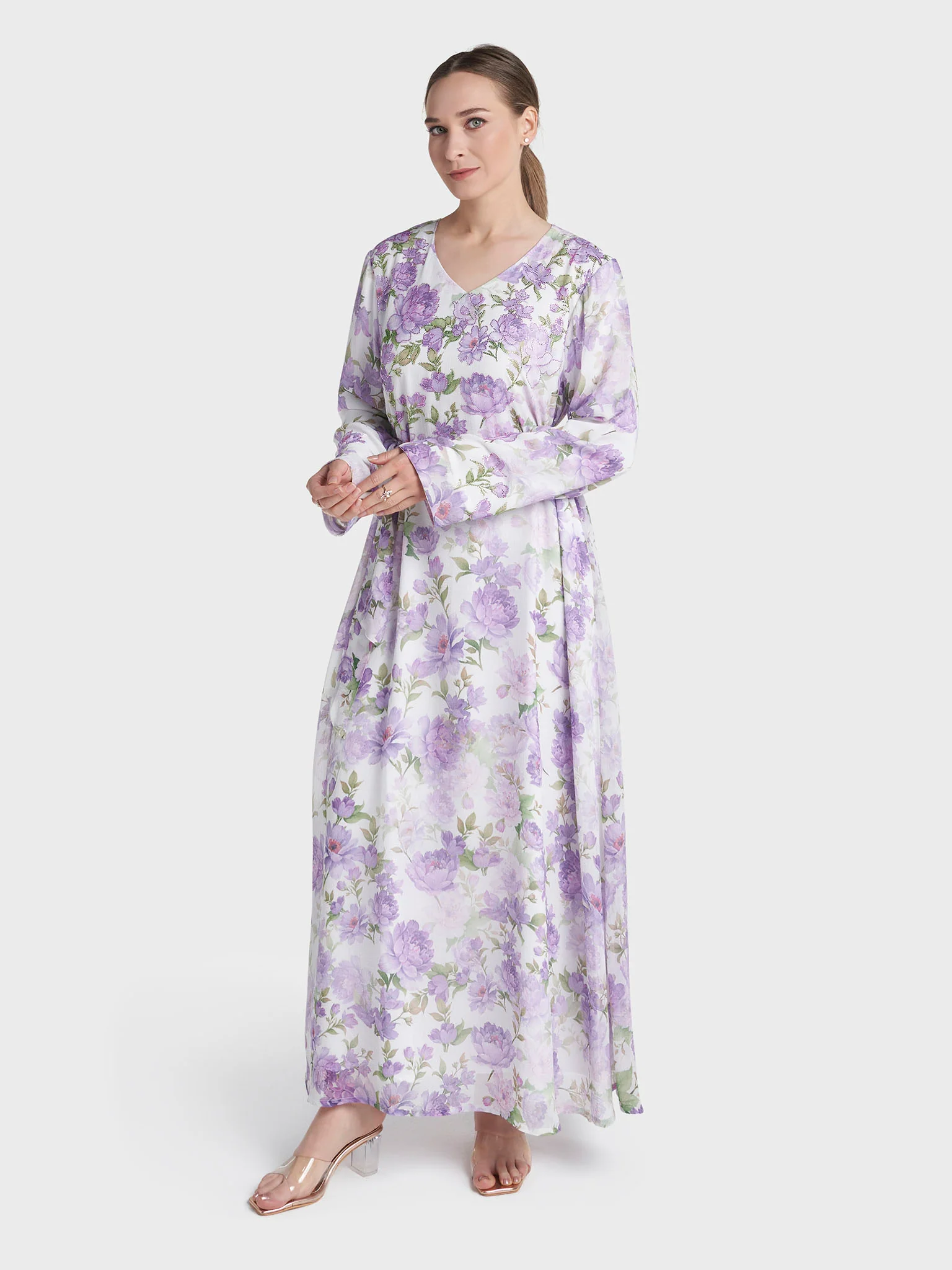 Purple Colour Stone Work Chiffon Floral Printed Dress (VW530) - Image 3