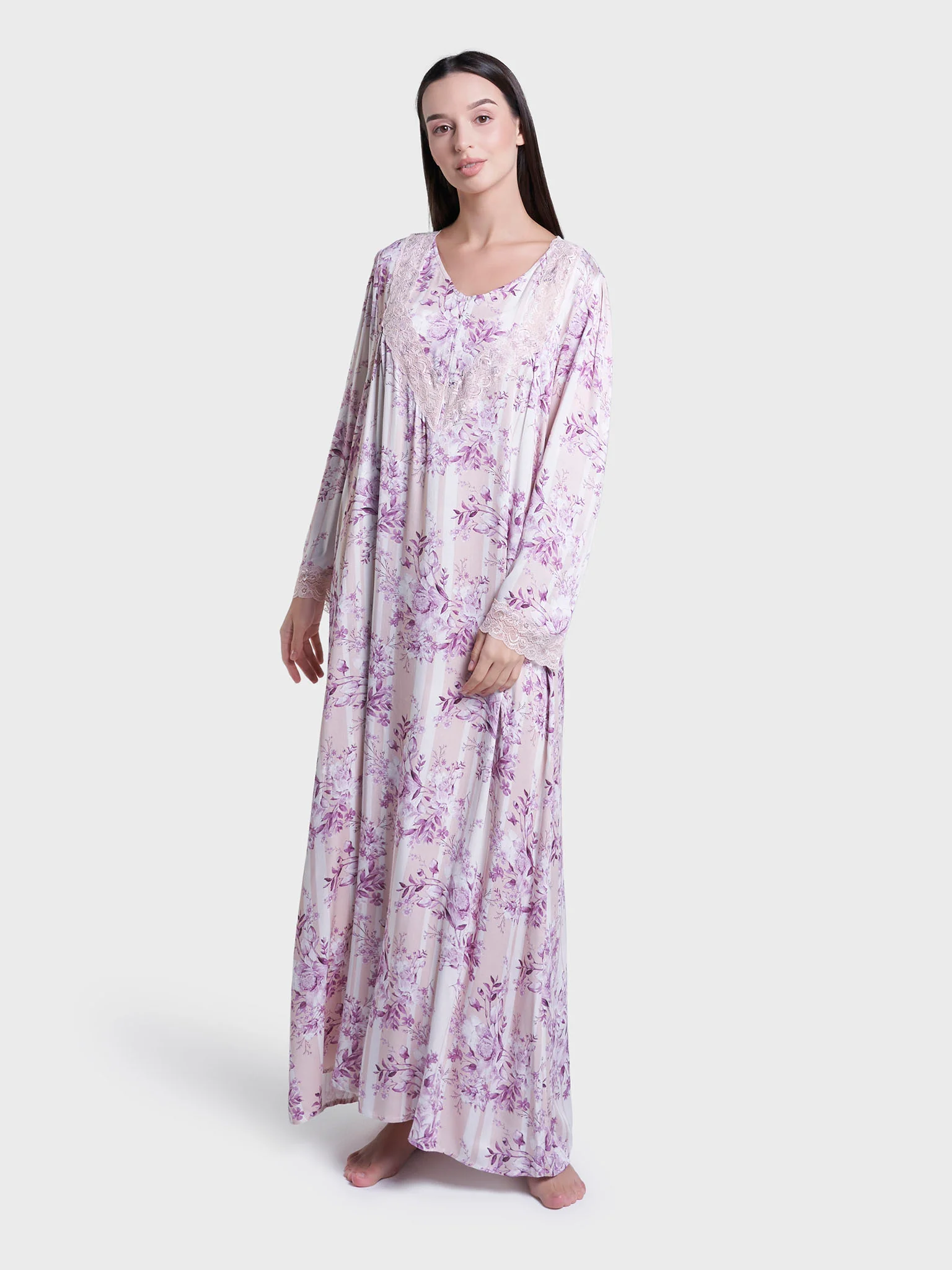 Wine Floral Print Viscose Long Nightwear Dress (CNH468) - Image 3