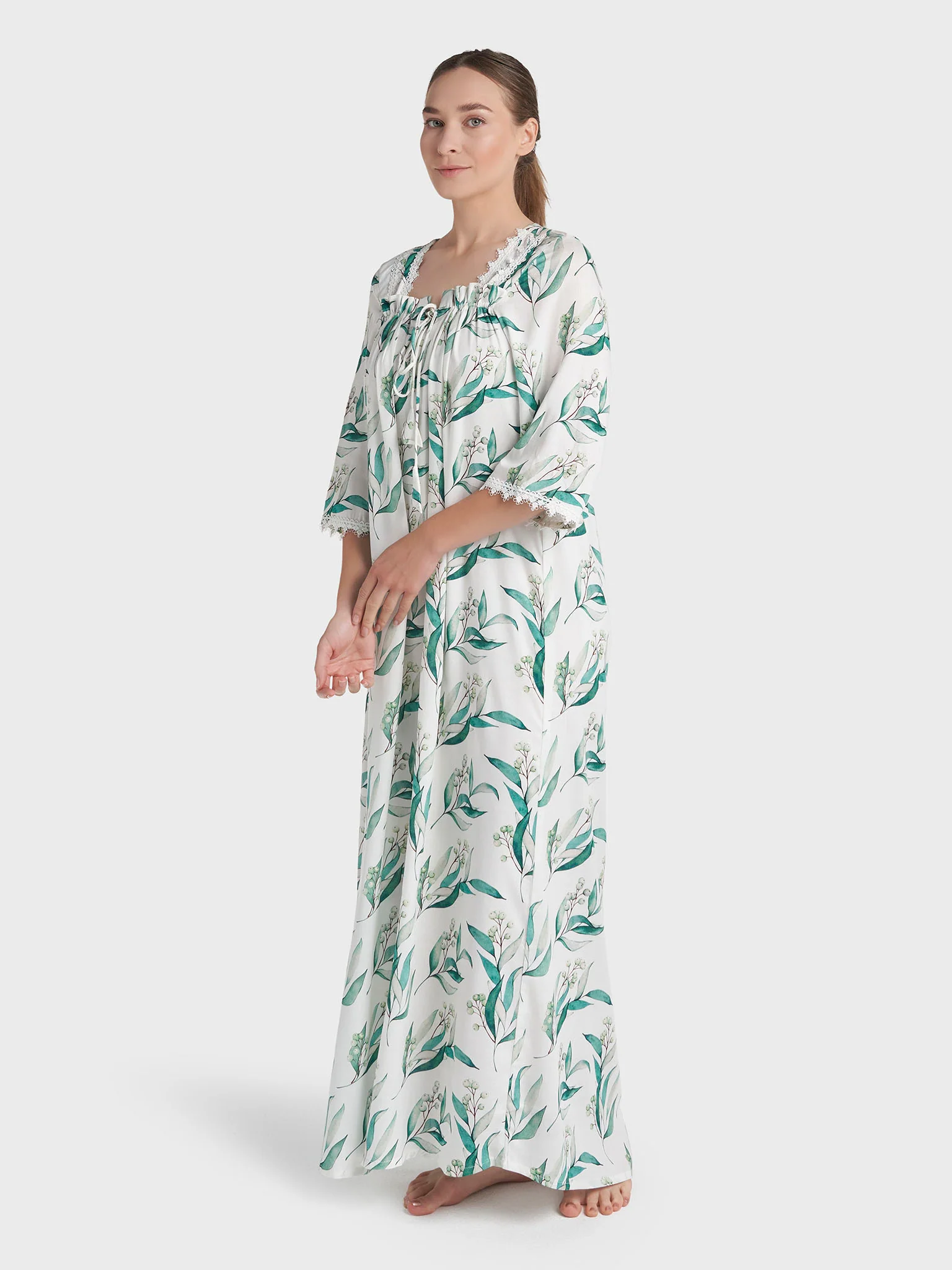 White Rayon Leaf Printed Long Nightwear Dress (REM2197B) - Image 3