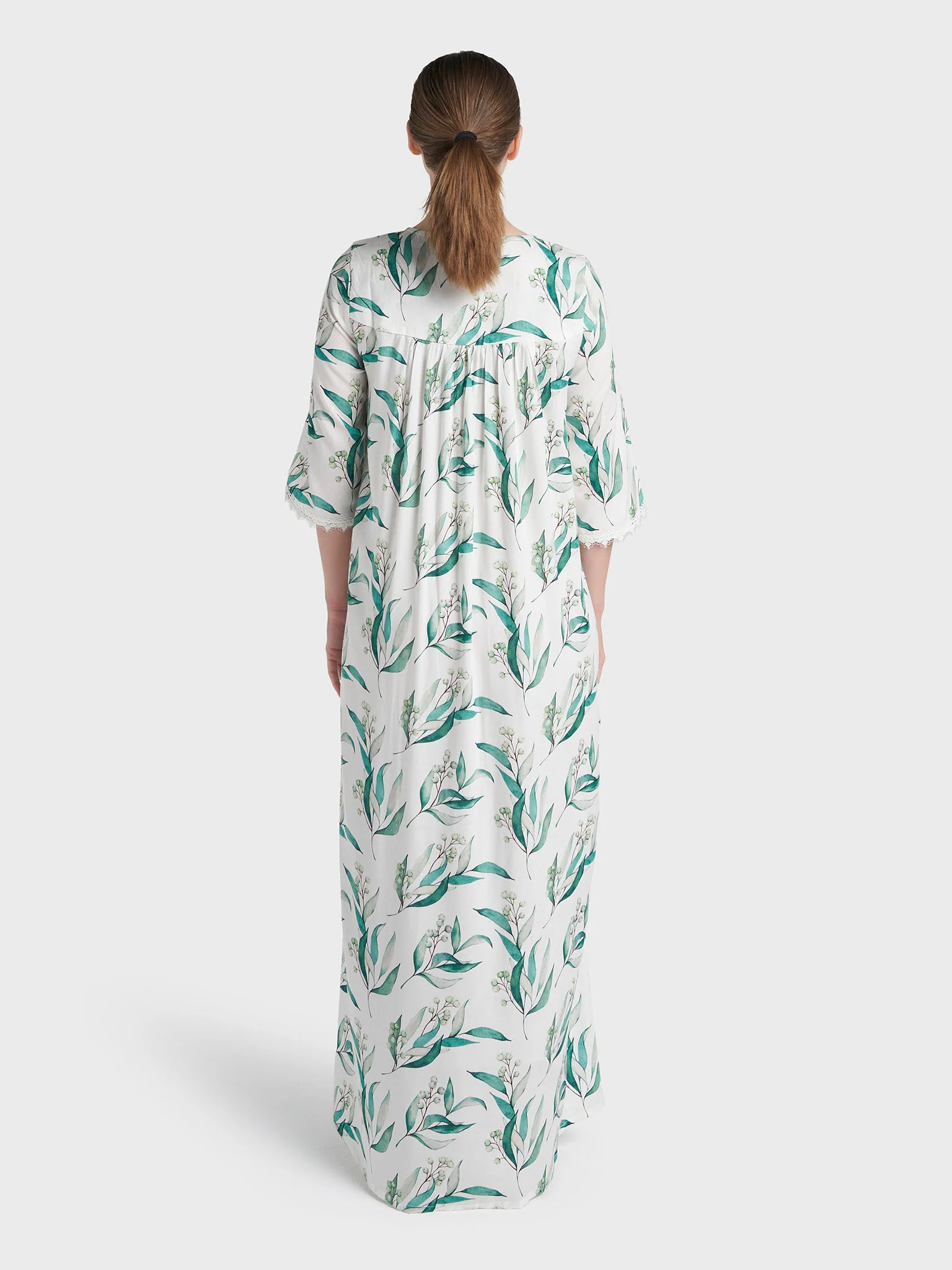 White Rayon Leaf Printed Long Nightwear Dress (REM2197B) - Image 4