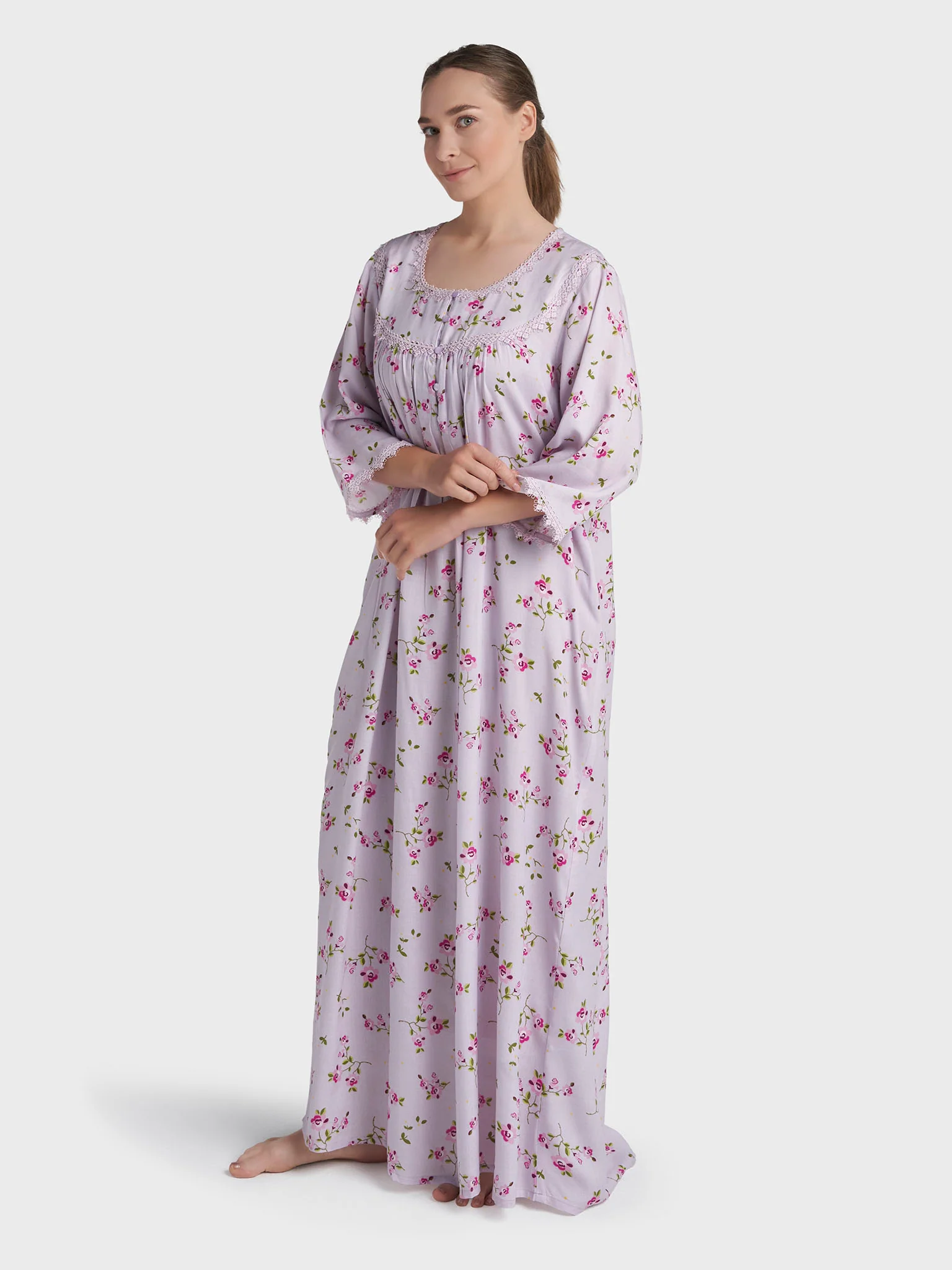 Lavender Rayon Floral Printed Long Nightwear Dress (REM2858A) - Image 3