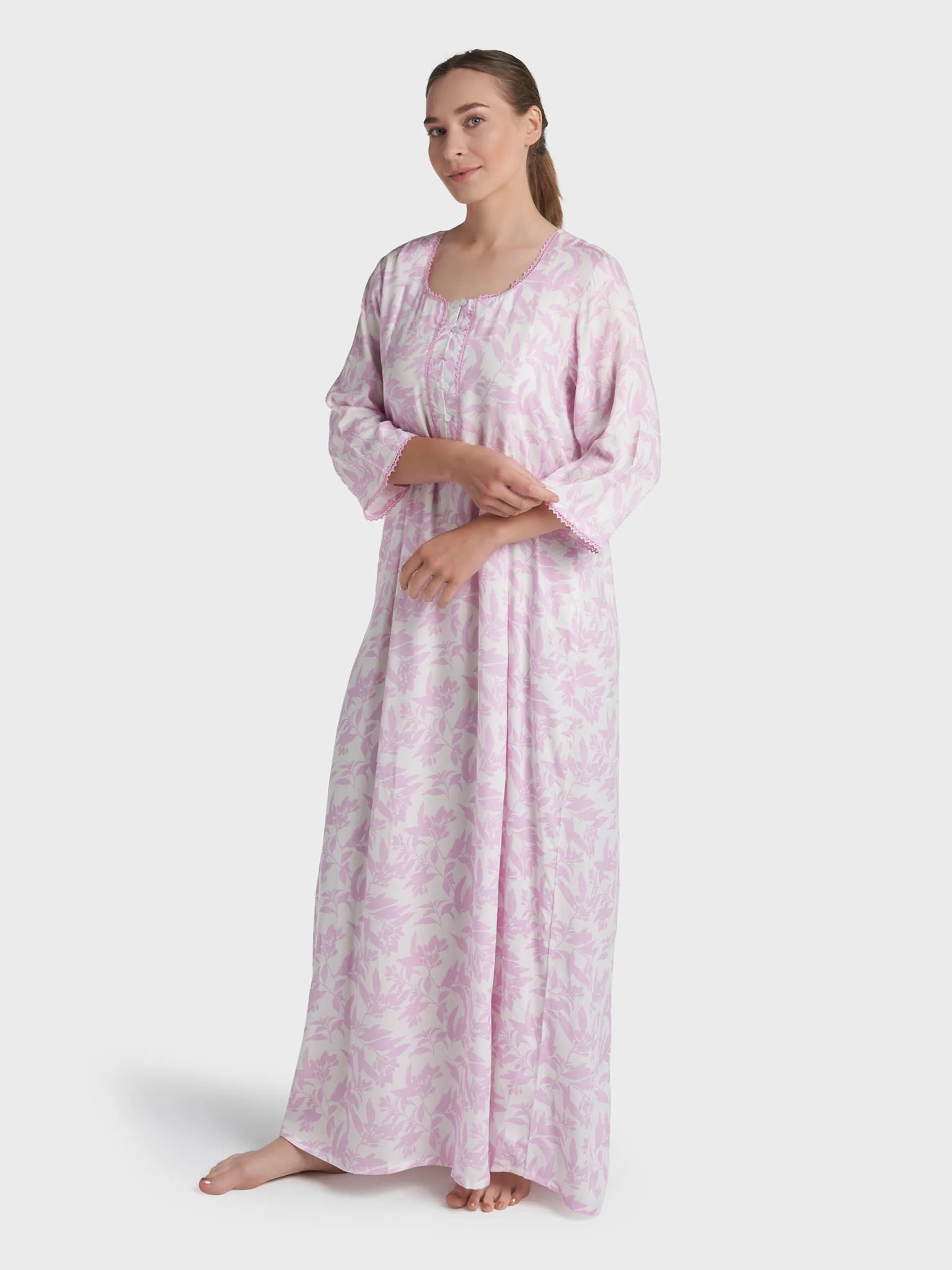 Light Lilac Rayon Leaf Printed Long Nightwear Dress (REM2924A) - Image 3