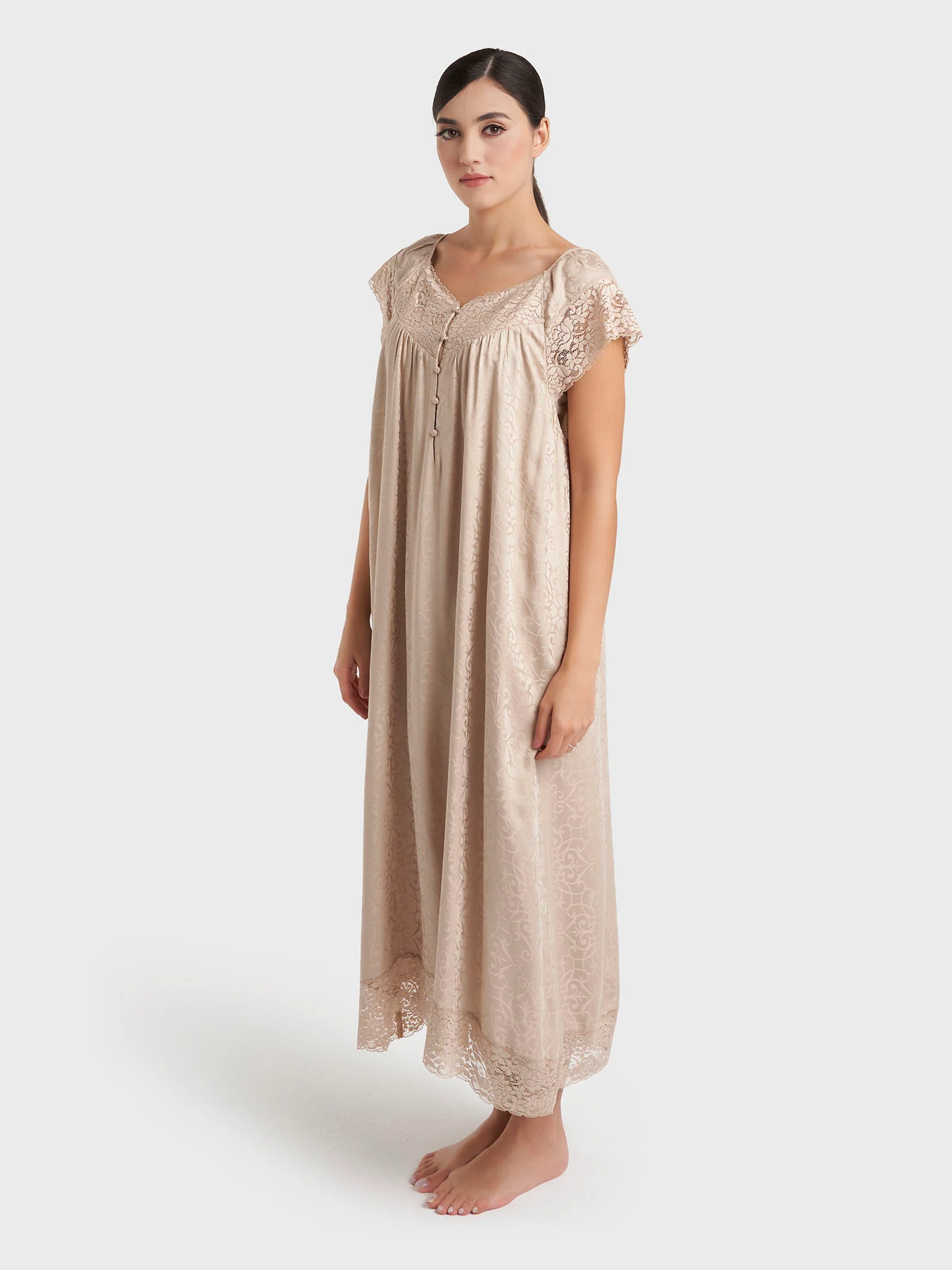 Dark Beige Jacquard Print Rayon Mini Nightwear Dress (CNH490) - Image 4
