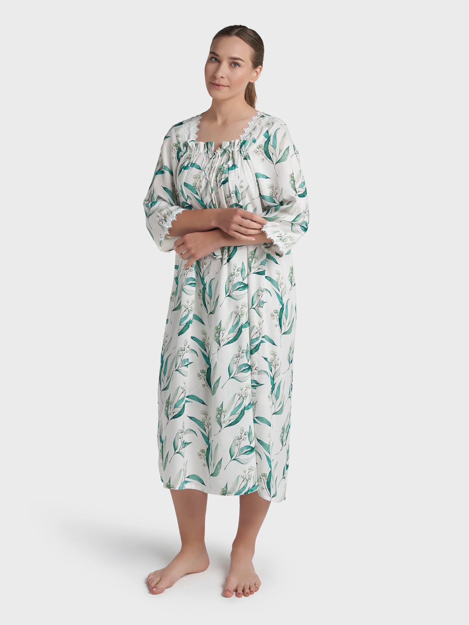 White Rayon Leaf Printed Short Nightwear Dress (REM2197B) - Image 3