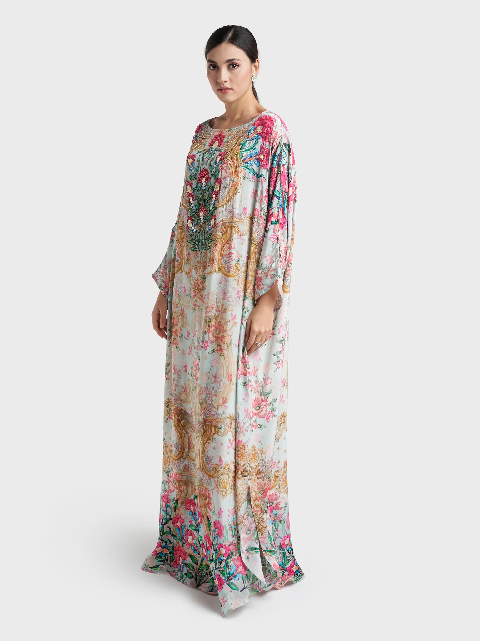 Dusty Mint Colour Floral Printed Viscose Hand Work Poncho (VDT13) - Image 3