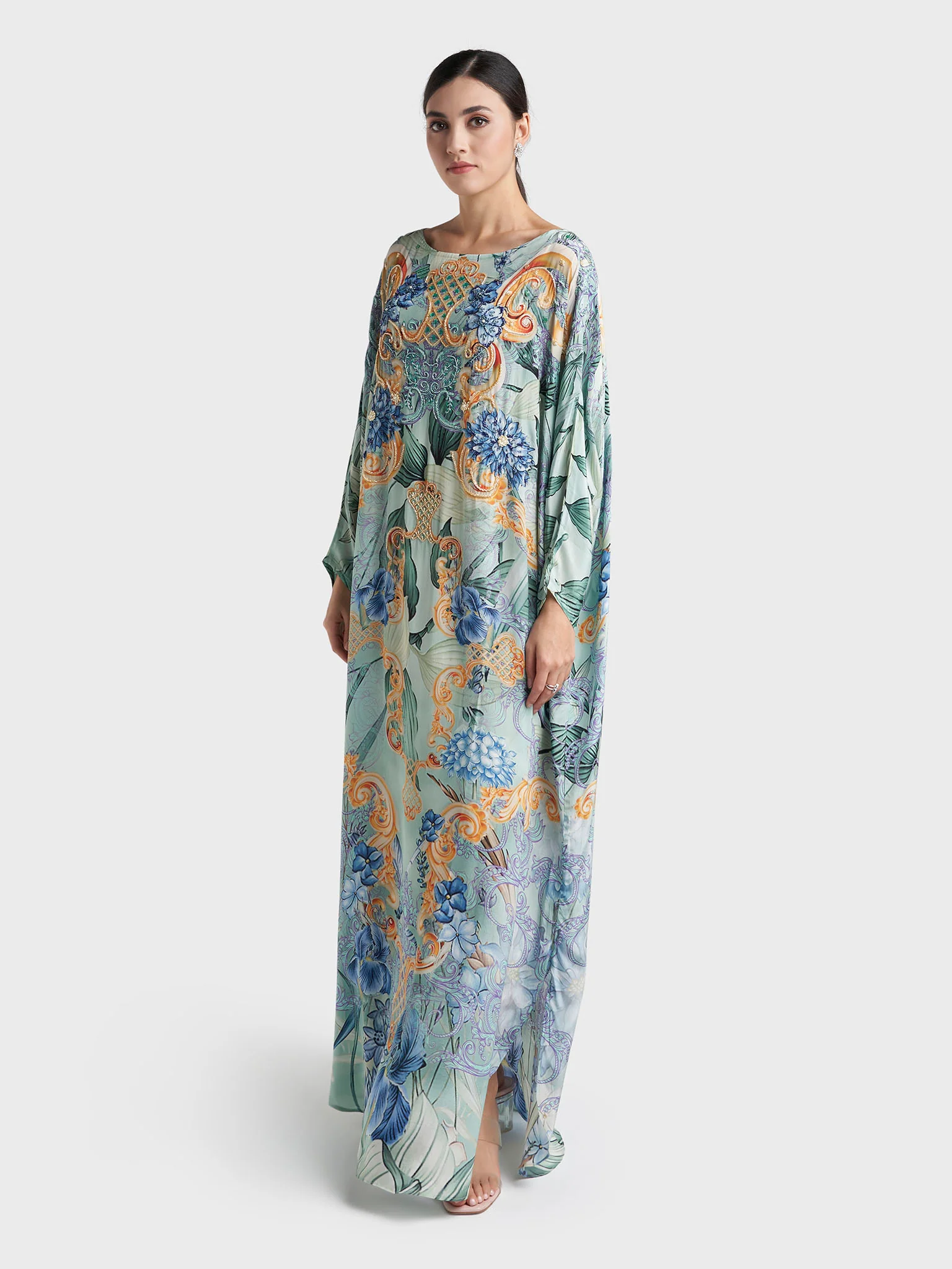 Dusty Green Colour Motif Printed Viscose Hand Work Poncho (VDT14) - Image 3