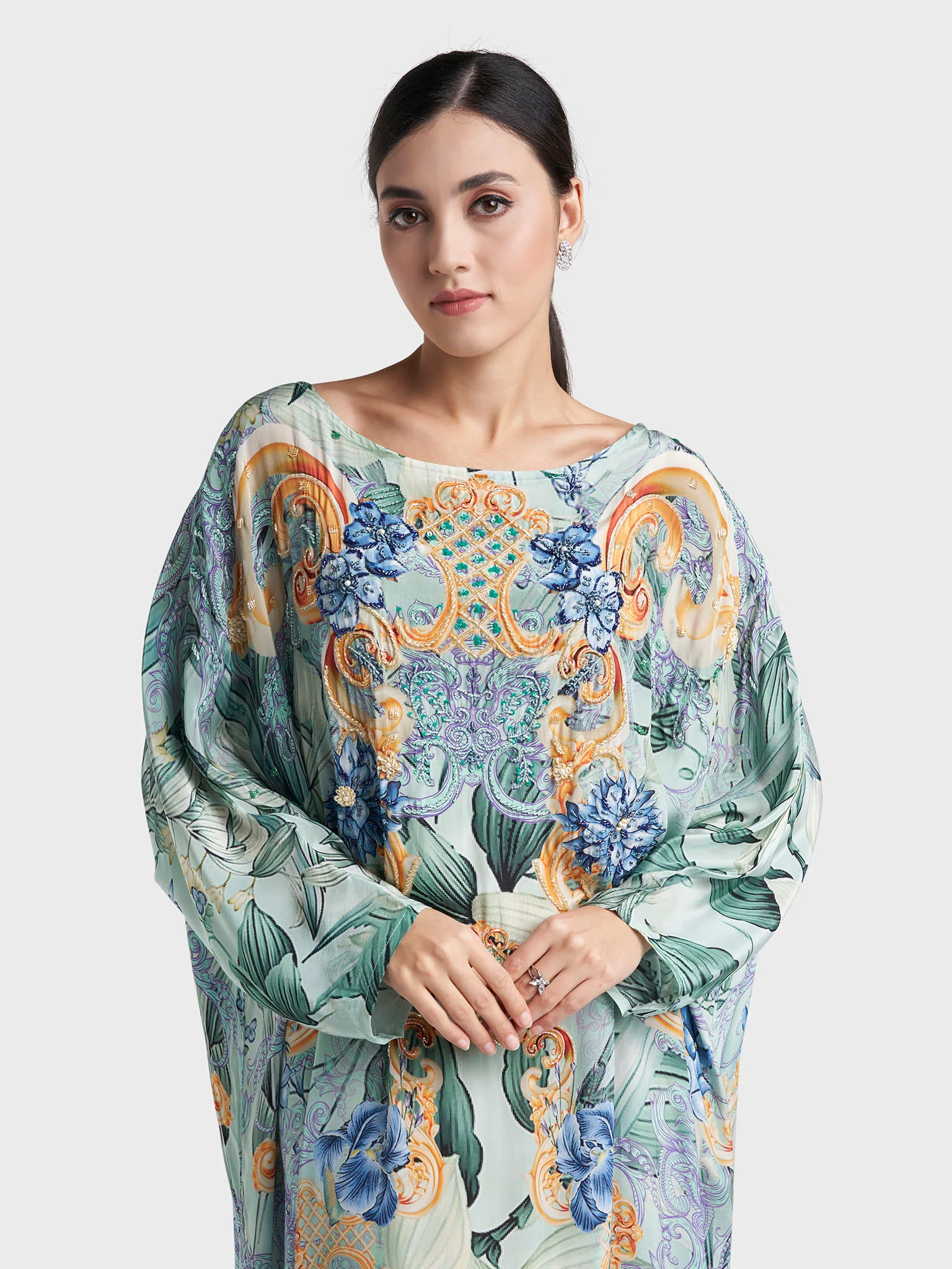 Dusty Green Colour Motif Printed Viscose Hand Work Poncho (VDT14) - Image 6