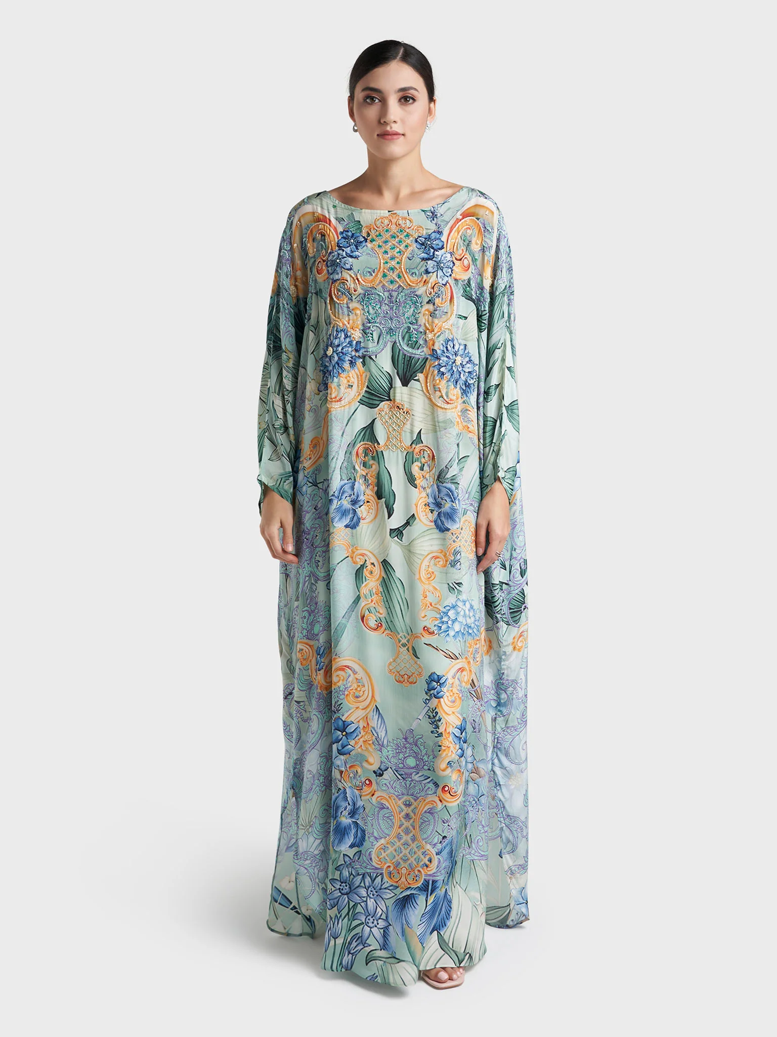 Dusty Green Colour Motif Printed Viscose Hand Work Poncho (VDT14) - Image 7