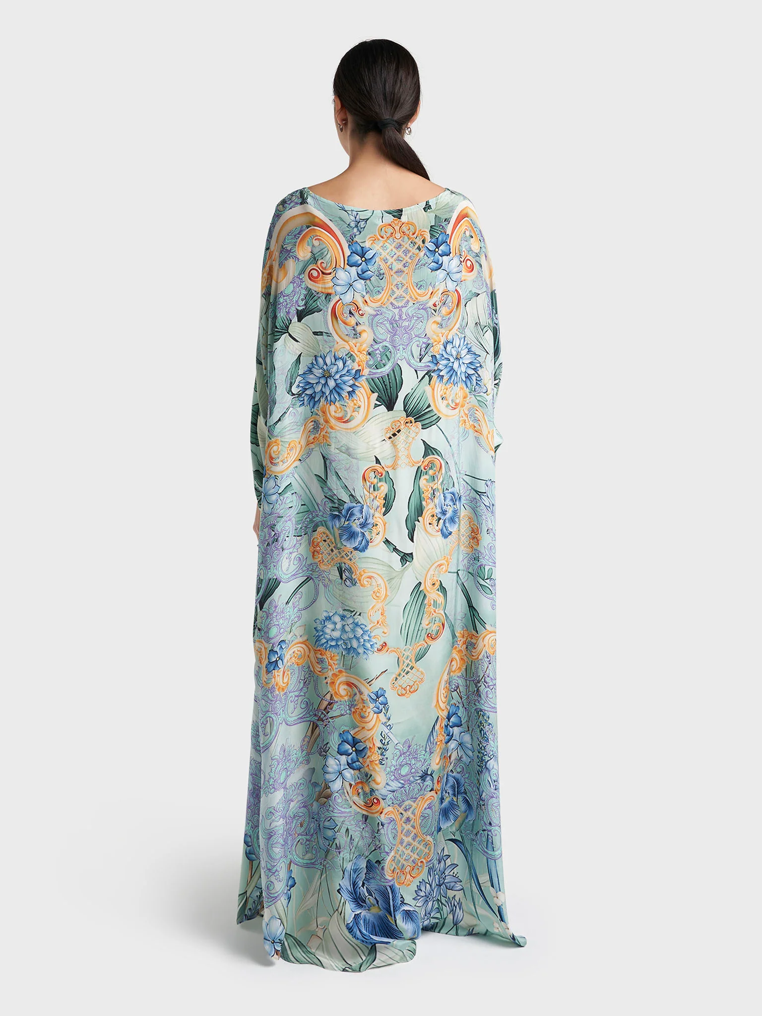 Dusty Green Colour Motif Printed Viscose Hand Work Poncho (VDT14) - Image 9