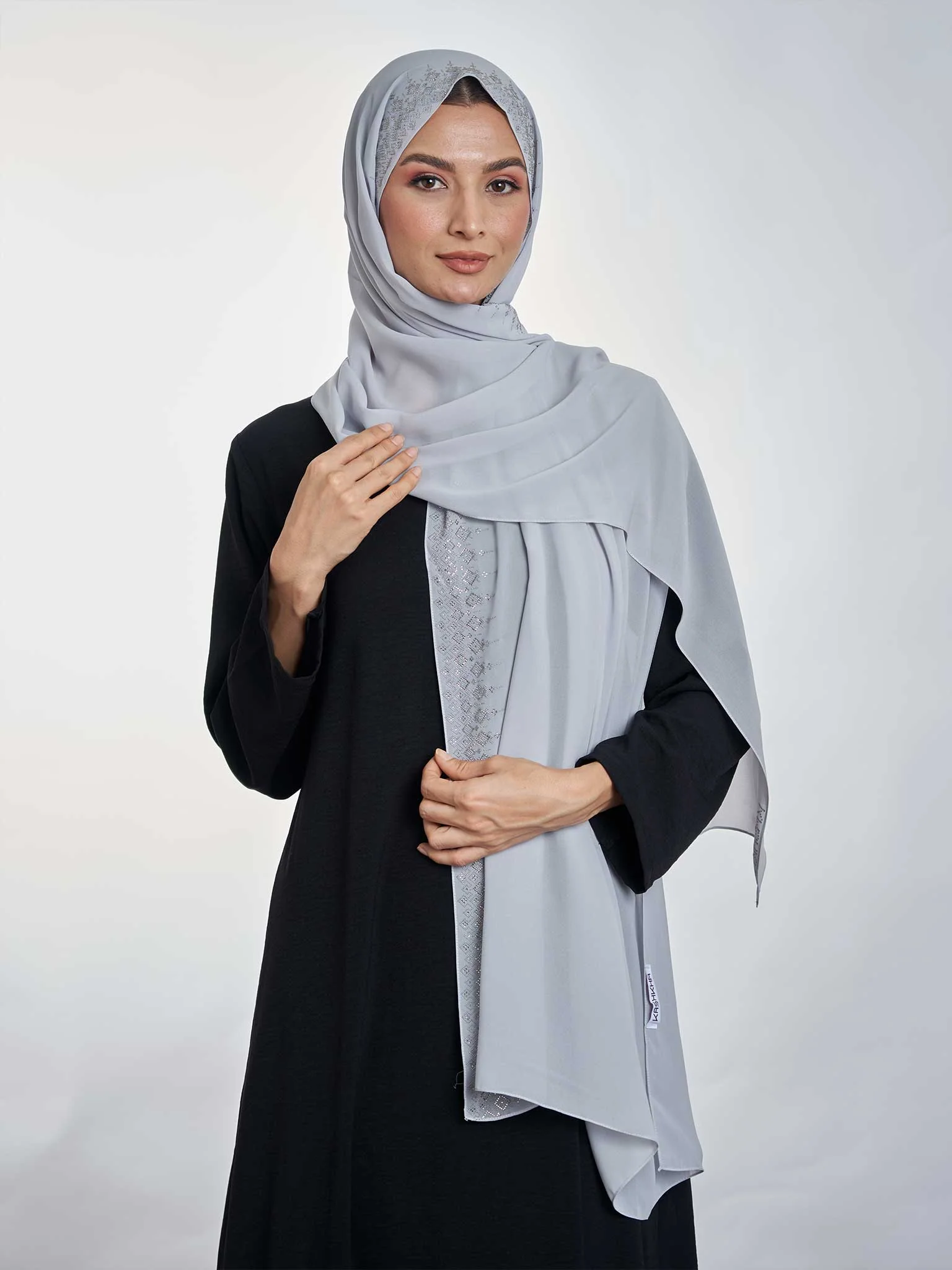 Chiffon Hijab With Geometric Stone Work Border (KP18069L) - Image 26