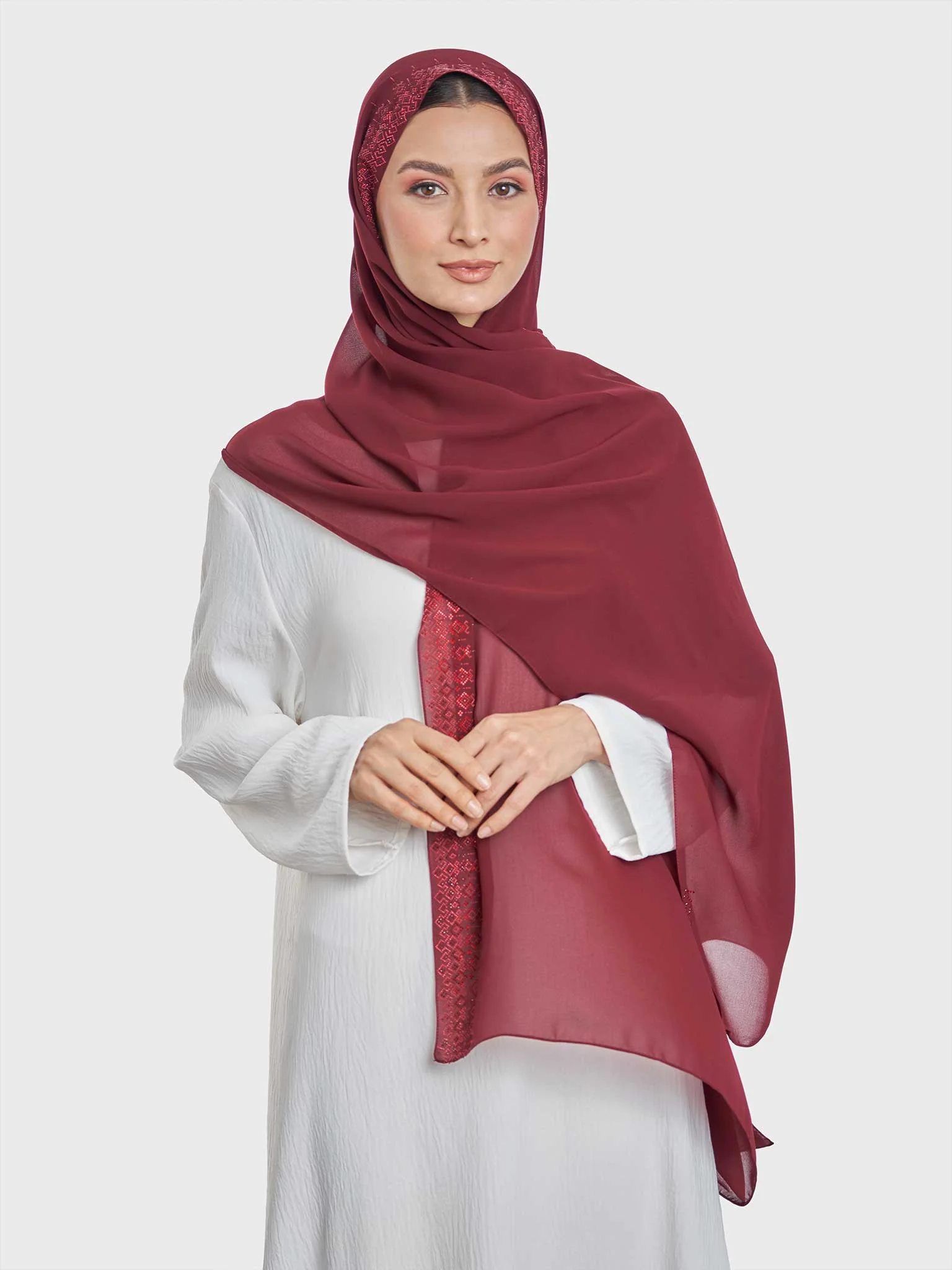 Chiffon Hijab With Geometric Stone Work Border (KP18069L) - Image 29